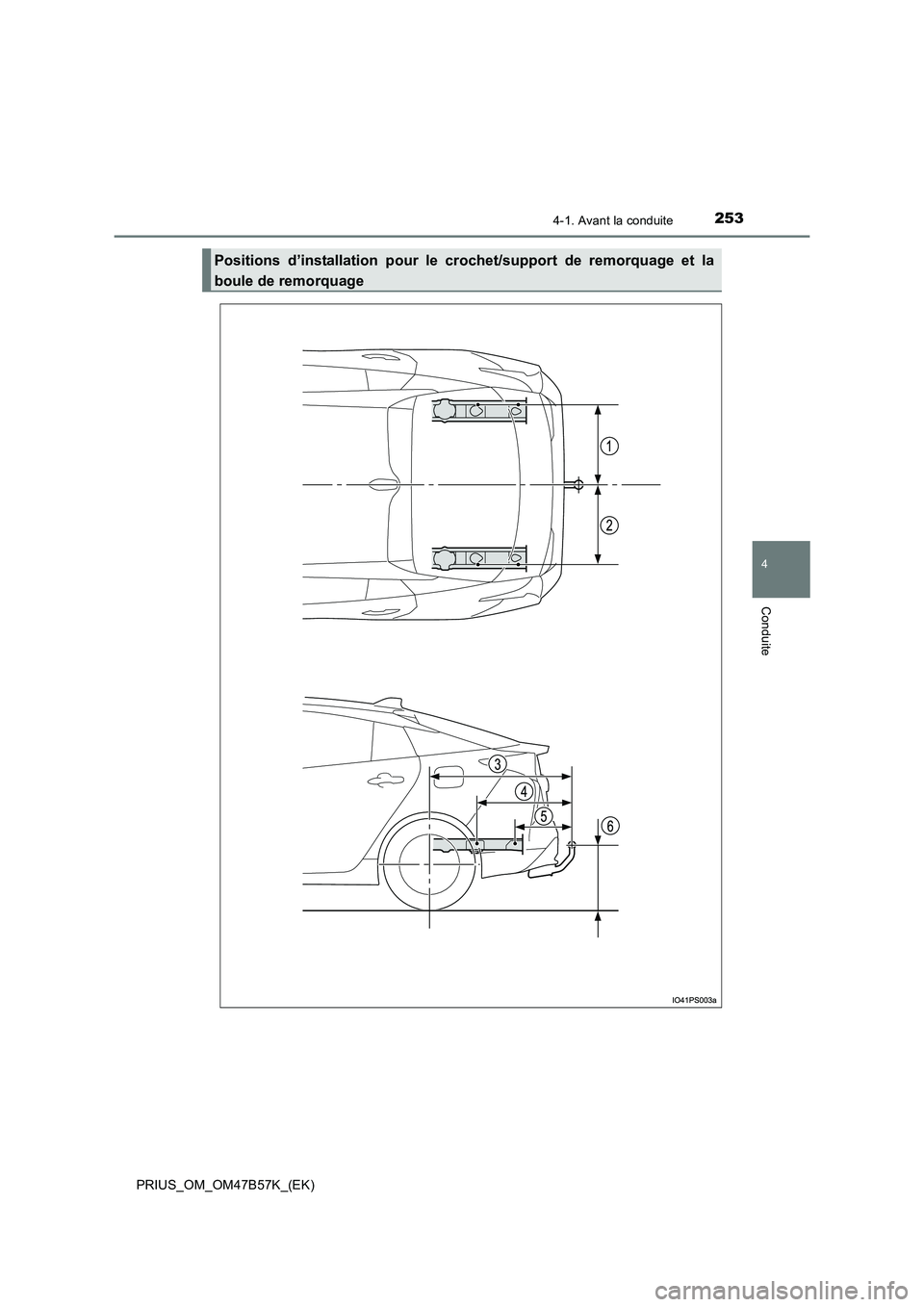 TOYOTA PRIUS 2017  Manuel du propriétaire (in French) 2534-1. Avant la conduite
4
Conduite
PRIUS_OM_OM47B57K_(EK)
Positions d’installation pour le crochet/support de remorquage et la
boule de remorquage 