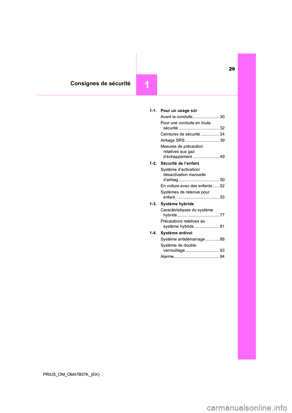 TOYOTA PRIUS 2017  Manuel du propriétaire (in French) 29
1Consignes de sécurité
PRIUS_OM_OM47B57K_(EK)1-1. Pour un usage sûr
Avant la conduite....................... 30
Pour une conduite en toute sécurité ................................... 32
Ceint