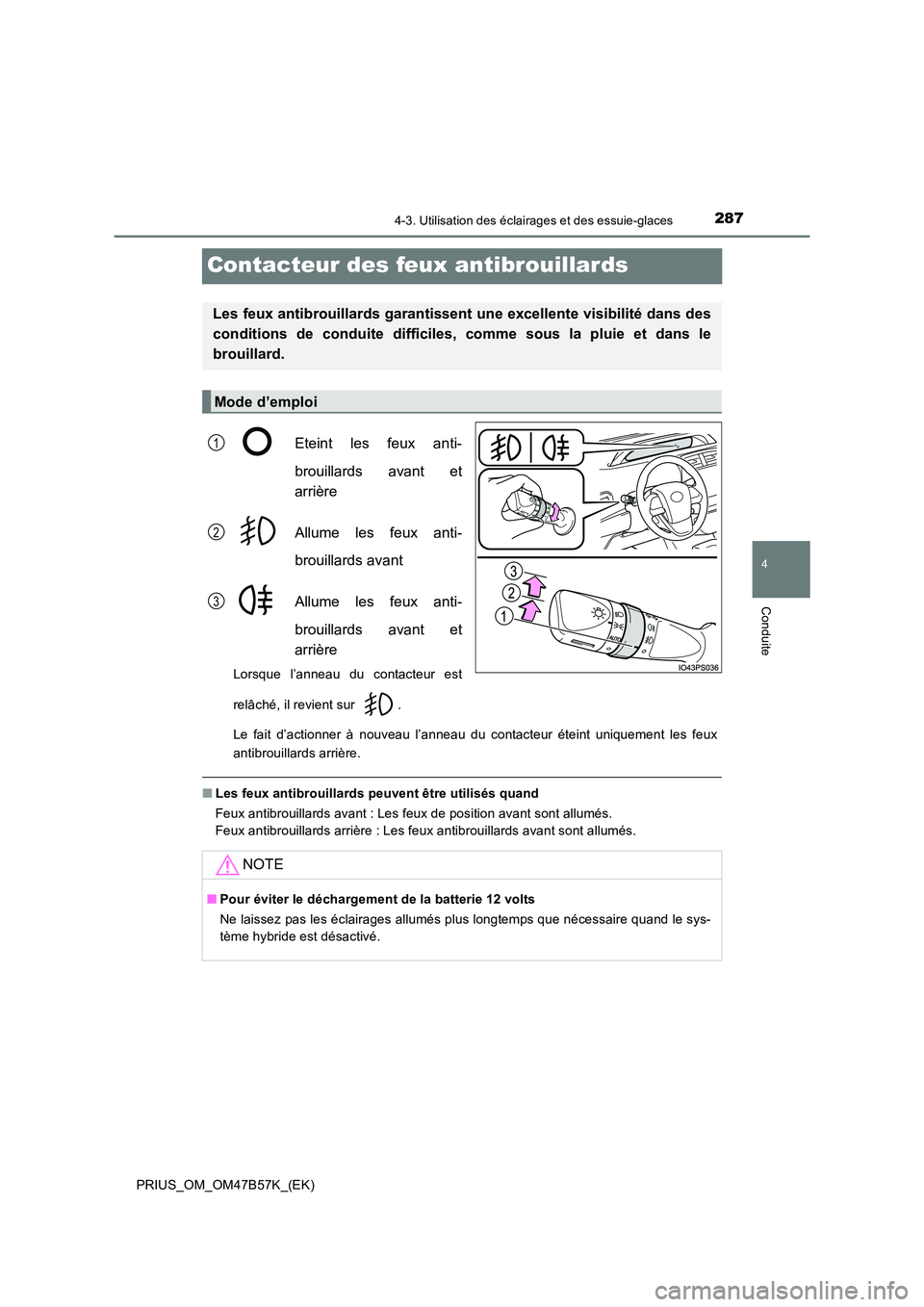 TOYOTA PRIUS 2017  Manuel du propriétaire (in French) 287
4
4-3. Utilisation des éclairages et des essuie-glaces
Conduite
PRIUS_OM_OM47B57K_(EK)
Contacteur des feux antibrouillards
Eteint les feux anti-
brouillards avant et
arrière
Allume les feux anti