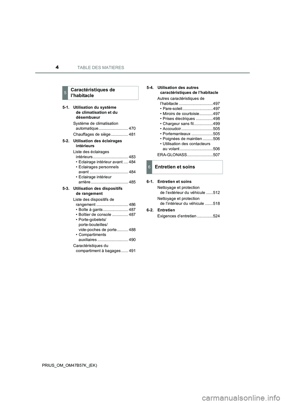 TOYOTA PRIUS 2017  Manuel du propriétaire (in French) TABLE DES MATIERES4
PRIUS_OM_OM47B57K_(EK)5-1. Utilisation du système 
de climatisation et du 
désembueur
Système de climatisation  automatique.......................... 470
Chauffages de siège ..