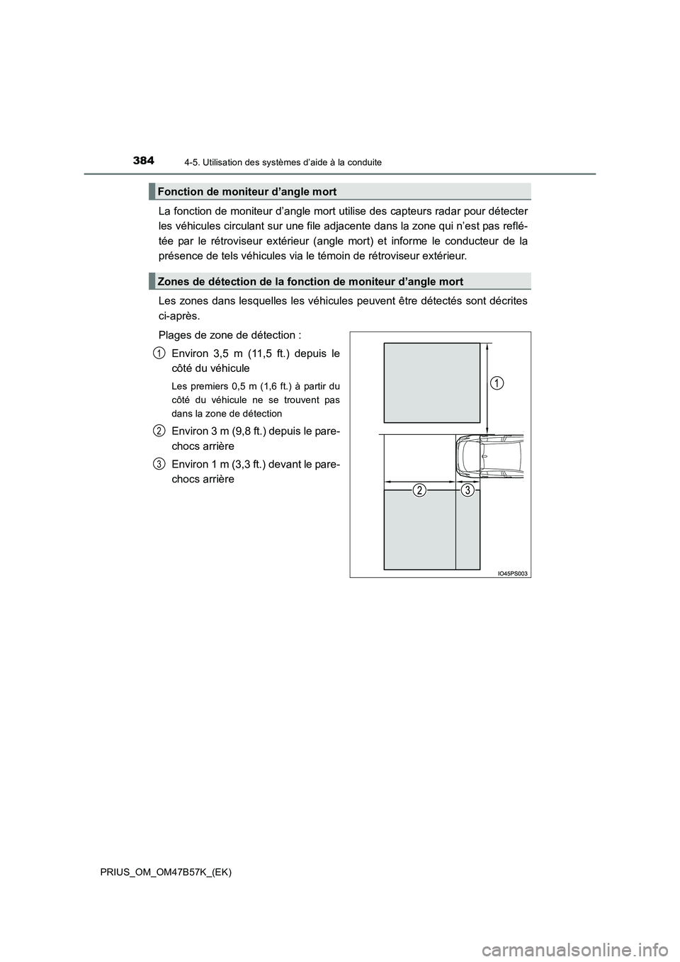 TOYOTA PRIUS 2017  Manuel du propriétaire (in French) 3844-5. Utilisation des systèmes d’aide à la conduite
PRIUS_OM_OM47B57K_(EK)
La fonction de moniteur d’angle mort utilise des capteurs radar pour détecter
les véhicules circulant sur une file 
