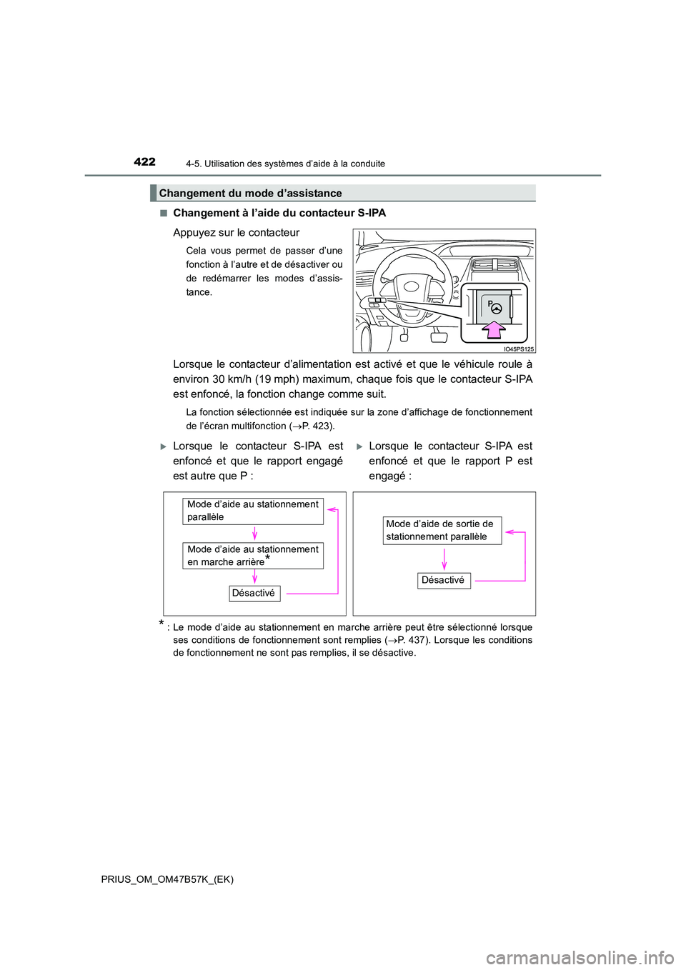 TOYOTA PRIUS 2017  Manuel du propriétaire (in French) 4224-5. Utilisation des systèmes d’aide à la conduite
PRIUS_OM_OM47B57K_(EK)■
Changement à l’aide du contacteur S-IPA
Appuyez sur le contacteur
Cela vous permet de passer d’une
fonction à 