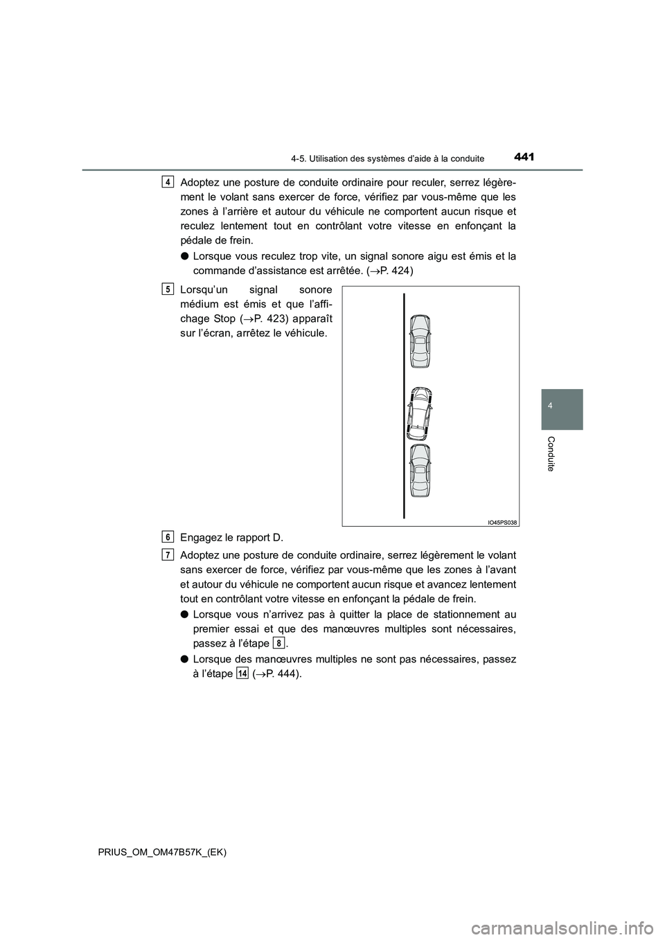 TOYOTA PRIUS 2017  Manuel du propriétaire (in French) 4414-5. Utilisation des systèmes d’aide à la conduite
4
Conduite
PRIUS_OM_OM47B57K_(EK)
Adoptez une posture de conduite ordinaire pour reculer, serrez légère-
ment le volant sans exercer de forc