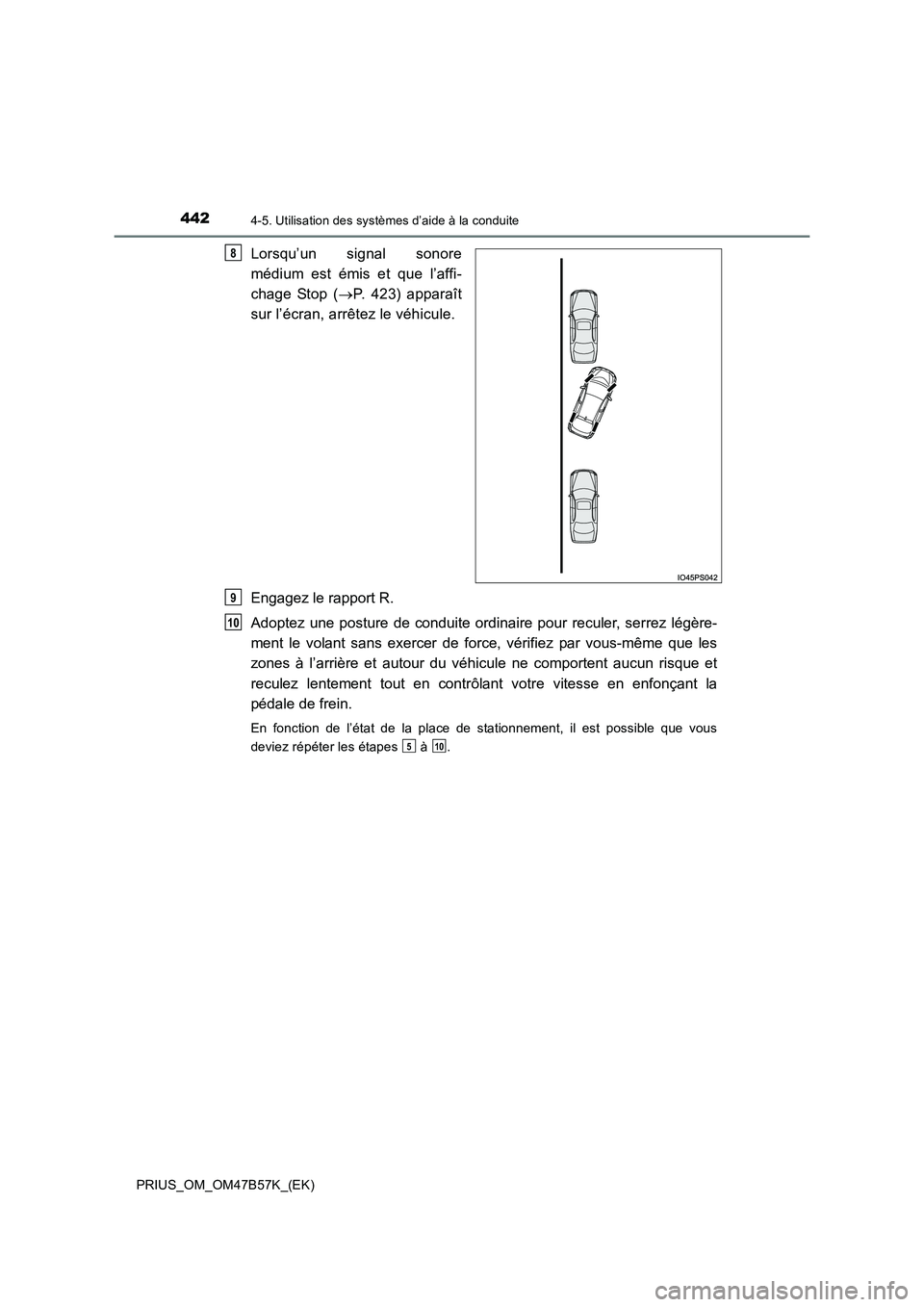 TOYOTA PRIUS 2017  Manuel du propriétaire (in French) 4424-5. Utilisation des systèmes d’aide à la conduite
PRIUS_OM_OM47B57K_(EK)
Lorsqu’un signal sonore
médium est émis et que l’affi-
chage Stop (→P. 423) apparaît
sur l’écran, arrêtez 