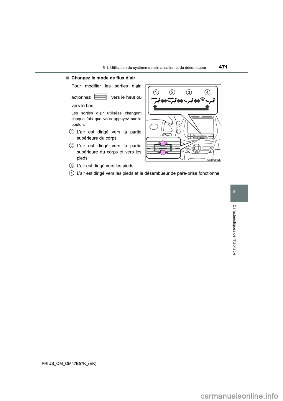 TOYOTA PRIUS 2017 Manuel du propriétaire (in French) 4715-1. Utilisation du système de climatisation et du désembueur
PRIUS_OM_OM47B57K_(EK)
5
Caractéristiques de l’habitacle
■Changez le mode de flux d’air
Pour modifier les sorties d’air,
act TOYOTA PRIUS 2017 Manuel du propriétaire (in French) 4715-1. Utilisation du système de climatisation et du désembueur
PRIUS_OM_OM47B57K_(EK)
5
Caractéristiques de l’habitacle
■Changez le mode de flux d’air
Pour modifier les sorties d’air,
act
