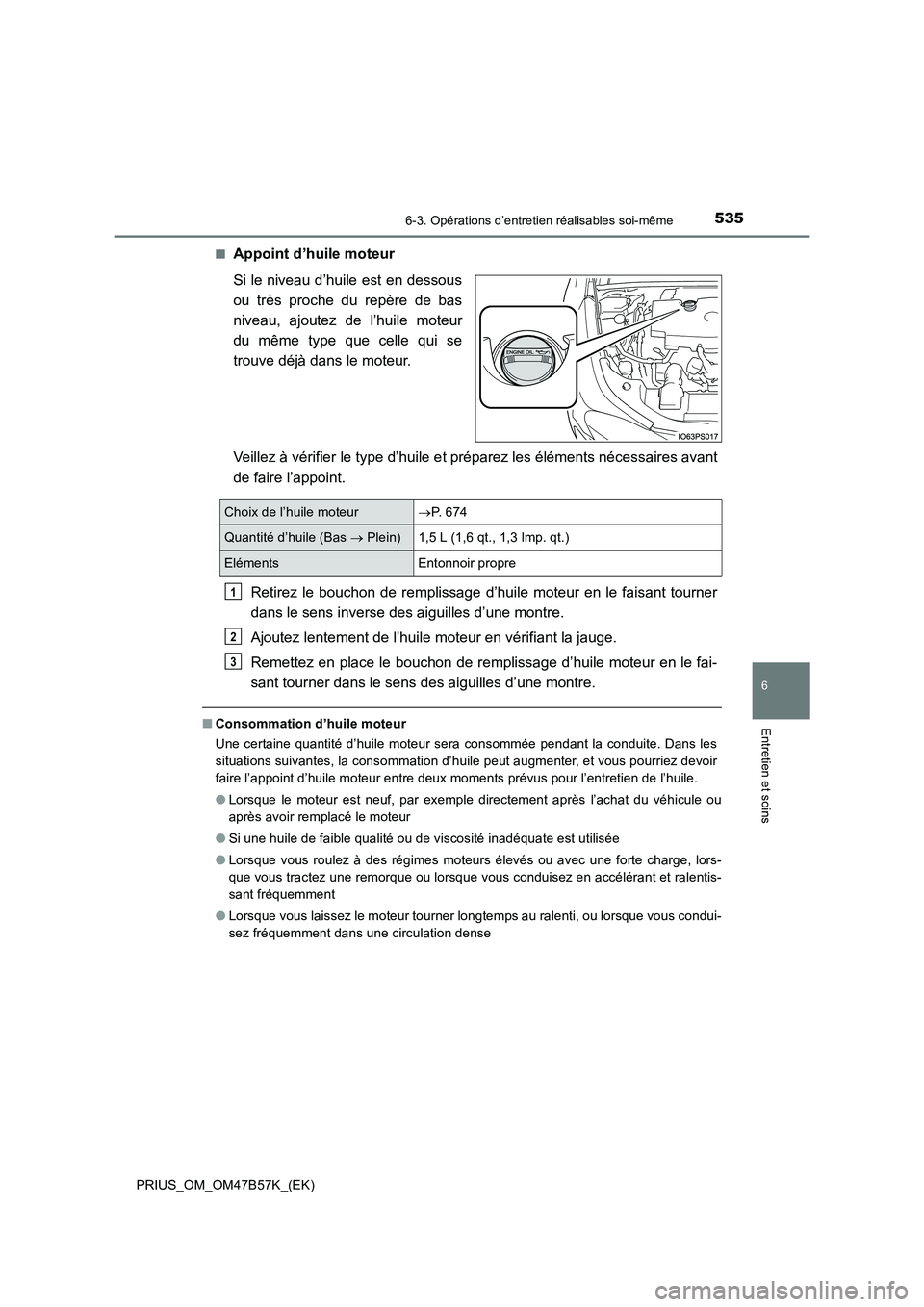 TOYOTA PRIUS 2017  Manuel du propriétaire (in French) 5356-3. Opérations d’entretien réalisables soi-même
PRIUS_OM_OM47B57K_(EK)
6
Entretien et soins
■Appoint d’huile moteur
Si le niveau d’huile est en dessous
ou très proche du repère de bas