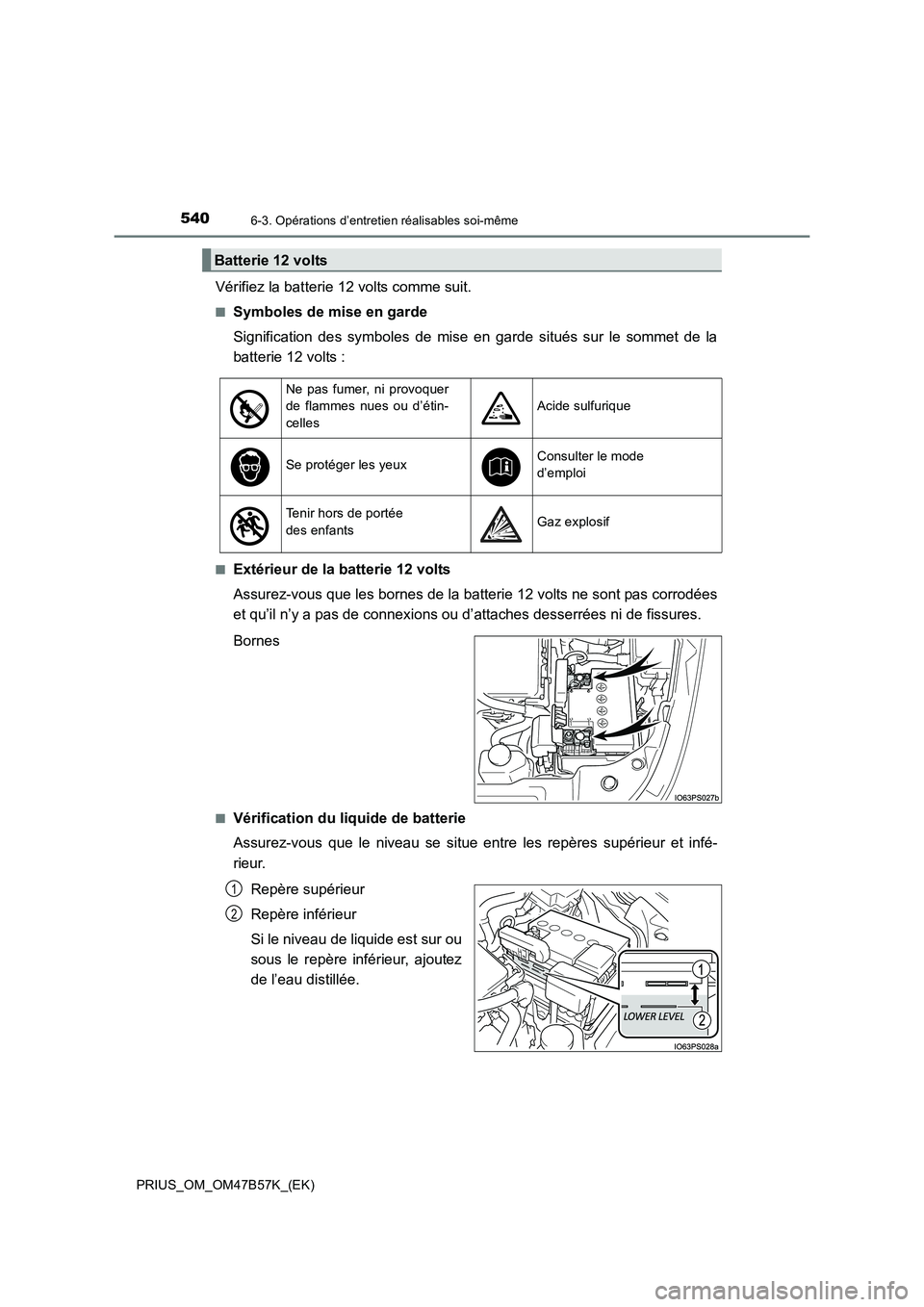 TOYOTA PRIUS 2017  Manuel du propriétaire (in French) 5406-3. Opérations d’entretien réalisables soi-même
PRIUS_OM_OM47B57K_(EK)
Vérifiez la batterie 12 volts comme suit.
■Symboles de mise en garde
Signification des symboles de mise en garde situ