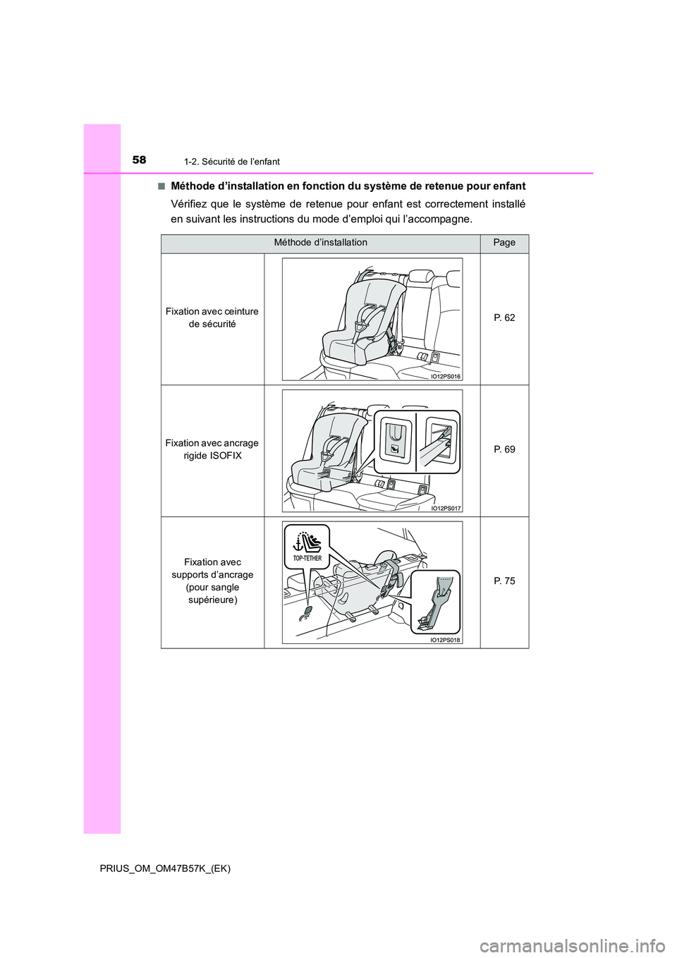 TOYOTA PRIUS 2017 Manuel du propriétaire (in French) 581-2. Sécurité de l’enfant
PRIUS_OM_OM47B57K_(EK)■
Méthode d’installation en fonction du système de retenue pour enfant
Vérifiez que le système de retenue pour enfant est correctement ins TOYOTA PRIUS 2017 Manuel du propriétaire (in French) 581-2. Sécurité de l’enfant
PRIUS_OM_OM47B57K_(EK)■
Méthode d’installation en fonction du système de retenue pour enfant
Vérifiez que le système de retenue pour enfant est correctement ins
