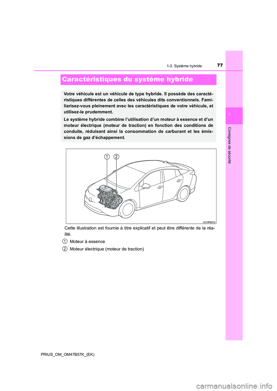 TOYOTA PRIUS 2017 Manuel du propriétaire (in French) 77
1
1-3. Système hybride
PRIUS_OM_OM47B57K_(EK)
Consignes de sécurité
Caractéristiques du système hybride
Cette illustration est fournie à titre explicatif et peut être différente de la réa- TOYOTA PRIUS 2017 Manuel du propriétaire (in French) 77
1
1-3. Système hybride
PRIUS_OM_OM47B57K_(EK)
Consignes de sécurité
Caractéristiques du système hybride
Cette illustration est fournie à titre explicatif et peut être différente de la réa-