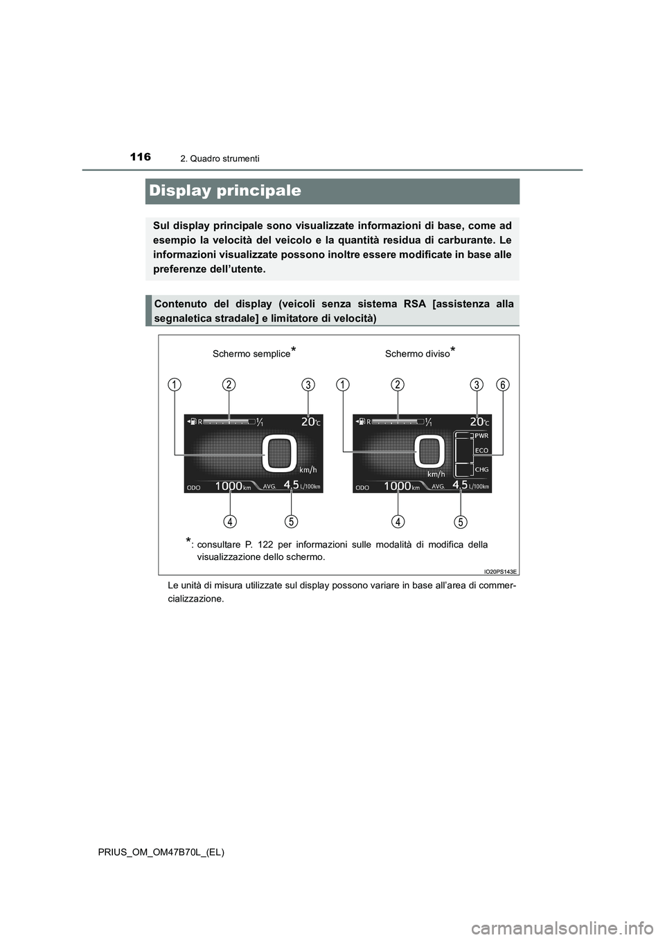 TOYOTA PRIUS 2017  Manuale duso (in Italian) 1162. Quadro strumenti
PRIUS_OM_OM47B70L_(EL)
Display principale
Le unità di misura utilizzate sul display possono variare in base all’area di commer-
cializzazione.
Sul display principale sono vis