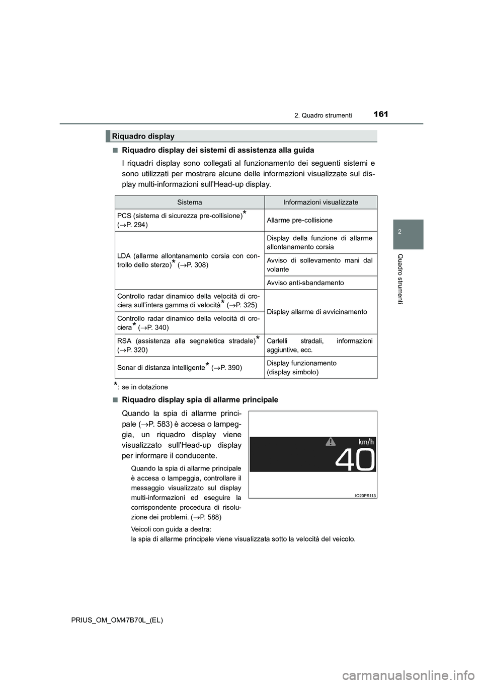 TOYOTA PRIUS 2017  Manuale duso (in Italian) 1612. Quadro strumenti
2
Quadro strumenti
PRIUS_OM_OM47B70L_(EL)■
Riquadro display dei sistemi di assistenza alla guida
I riquadri display sono collegati al funzionamento dei seguenti sistemi e
sono