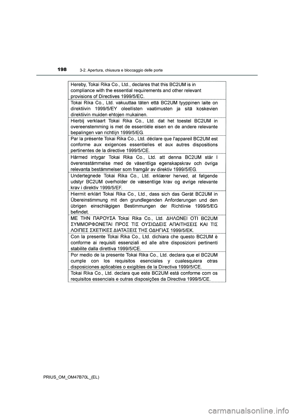 TOYOTA PRIUS 2017 Manuale duso (in Italian) 1983-2. Apertura, chiusura e bloccaggio delle porte
PRIUS_OM_OM47B70L_(EL) TOYOTA PRIUS 2017 Manuale duso (in Italian) 1983-2. Apertura, chiusura e bloccaggio delle porte
PRIUS_OM_OM47B70L_(EL)