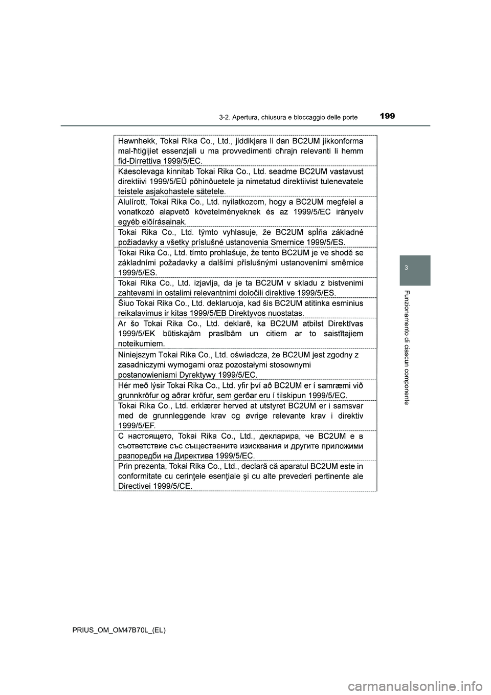 TOYOTA PRIUS 2017 Manuale duso (in Italian) 1993-2. Apertura, chiusura e bloccaggio delle porte
3
Funzionamento di ciascun componente
PRIUS_OM_OM47B70L_(EL) TOYOTA PRIUS 2017 Manuale duso (in Italian) 1993-2. Apertura, chiusura e bloccaggio delle porte
3
Funzionamento di ciascun componente
PRIUS_OM_OM47B70L_(EL)