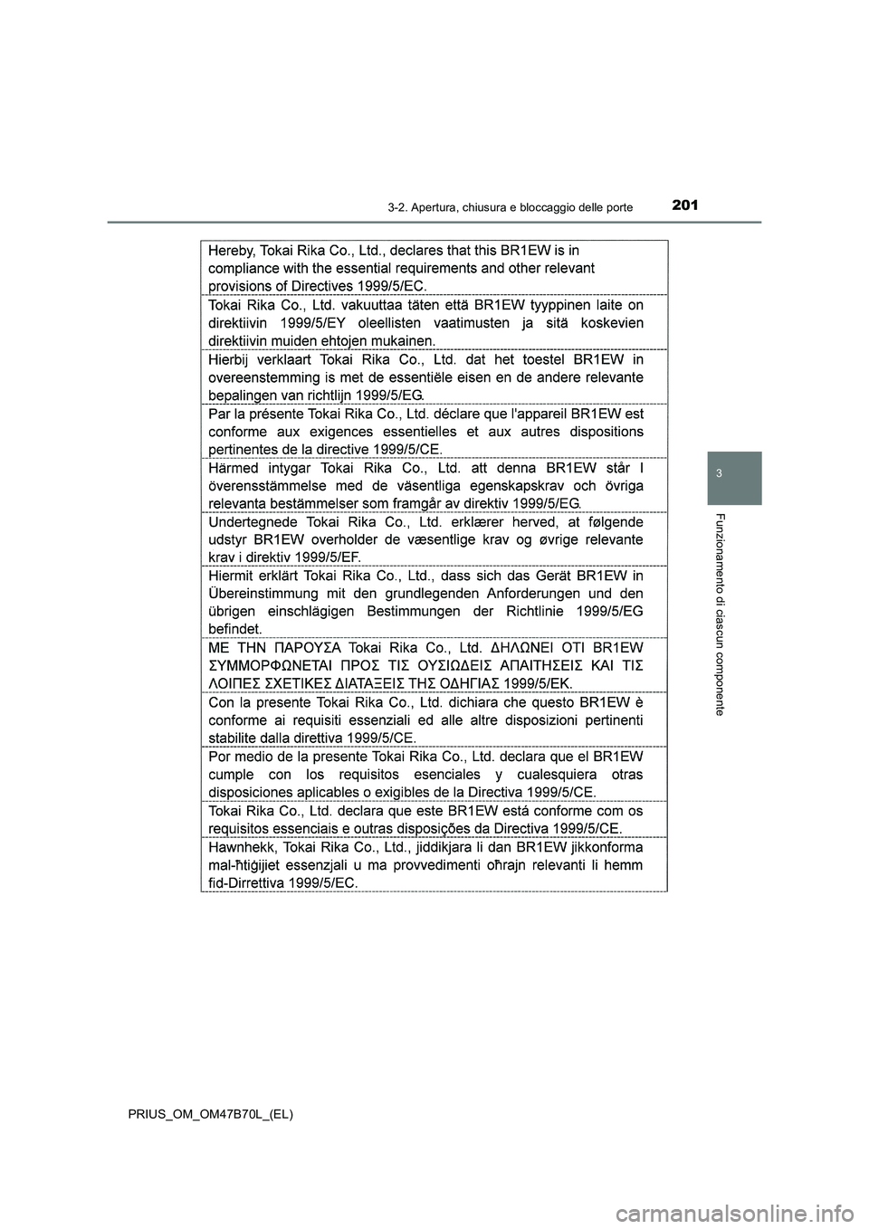 TOYOTA PRIUS 2017  Manuale duso (in Italian) 2013-2. Apertura, chiusura e bloccaggio delle porte
3
Funzionamento di ciascun componente
PRIUS_OM_OM47B70L_(EL) 
