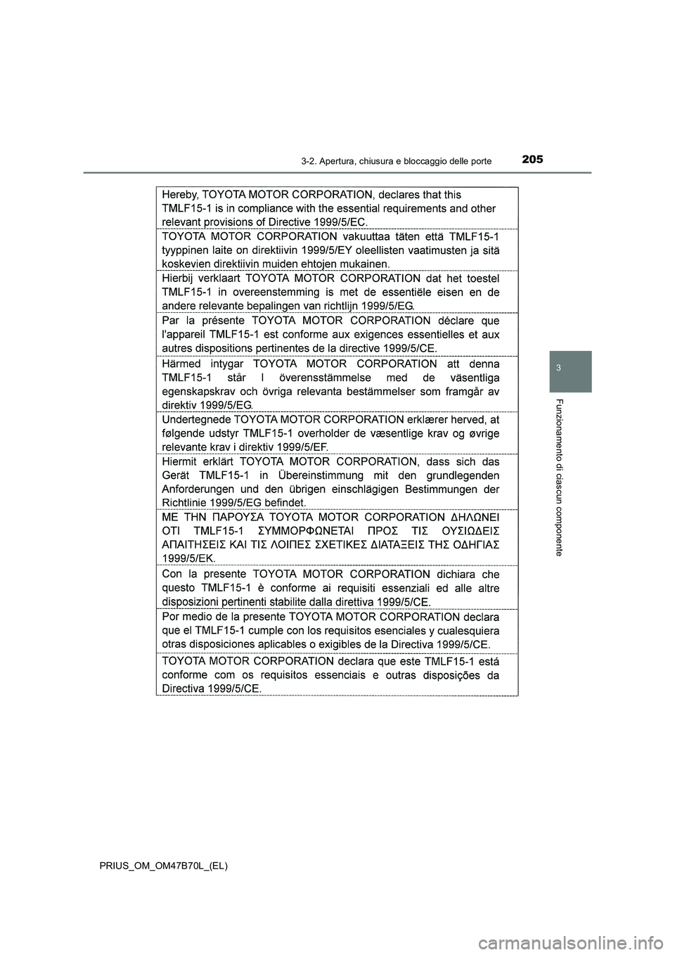TOYOTA PRIUS 2017  Manuale duso (in Italian) 2053-2. Apertura, chiusura e bloccaggio delle porte
3
Funzionamento di ciascun componente
PRIUS_OM_OM47B70L_(EL) 