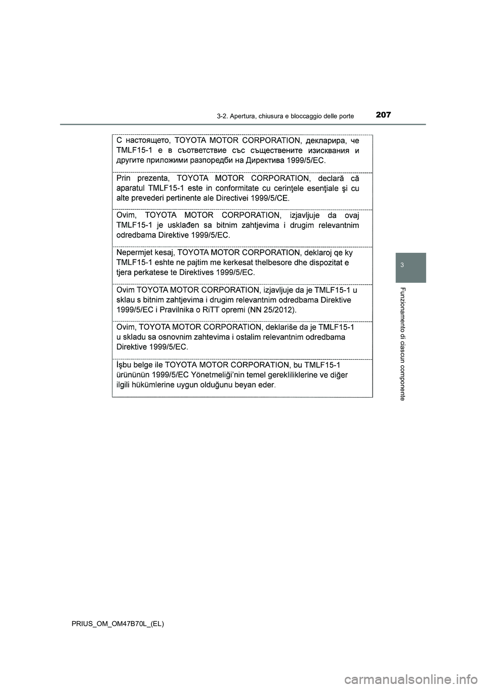 TOYOTA PRIUS 2017  Manuale duso (in Italian) 2073-2. Apertura, chiusura e bloccaggio delle porte
3
Funzionamento di ciascun componente
PRIUS_OM_OM47B70L_(EL) 
