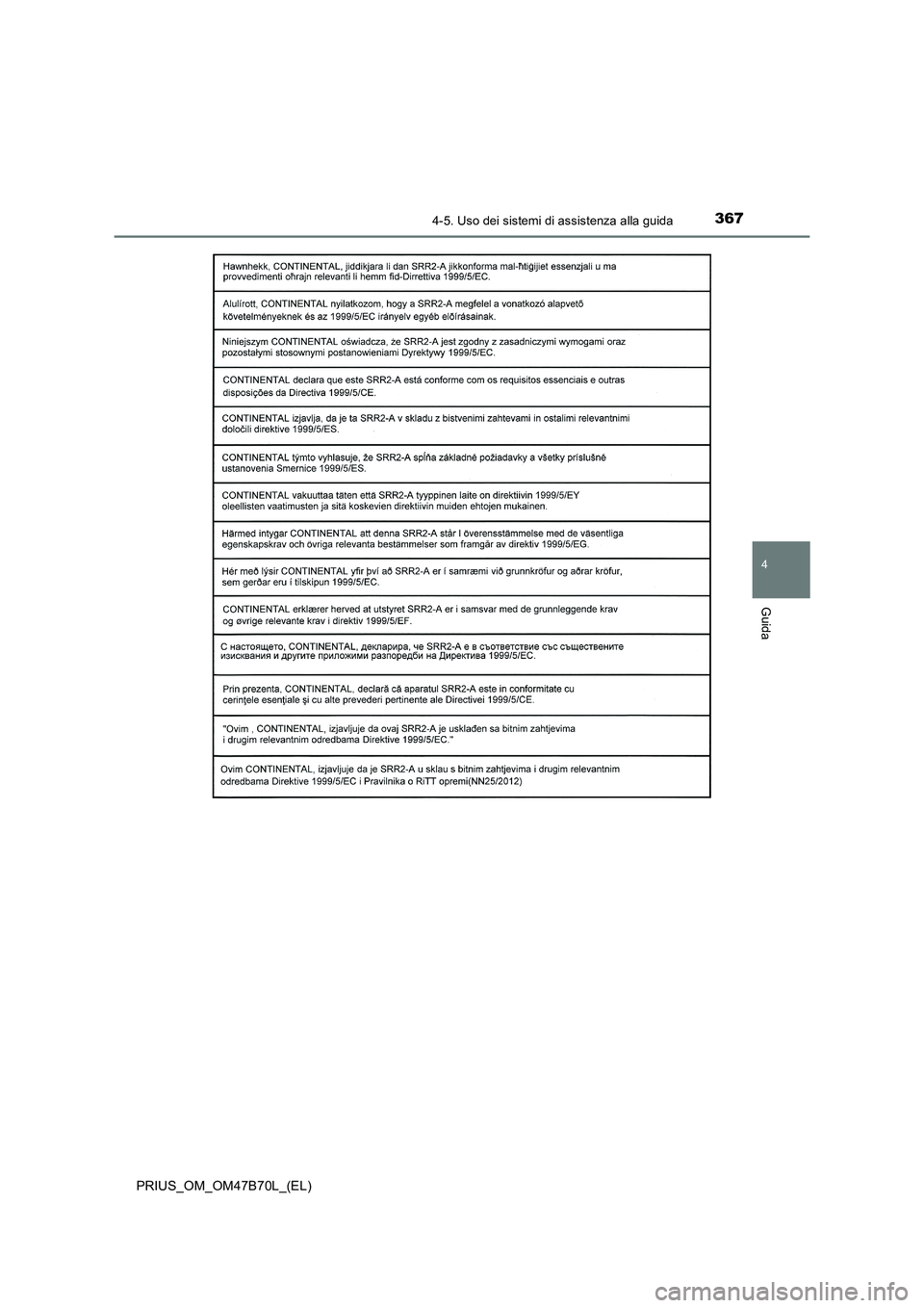 TOYOTA PRIUS 2017  Manuale duso (in Italian) 3674-5. Uso dei sistemi di assistenza alla guida
4
Guida
PRIUS_OM_OM47B70L_(EL) 