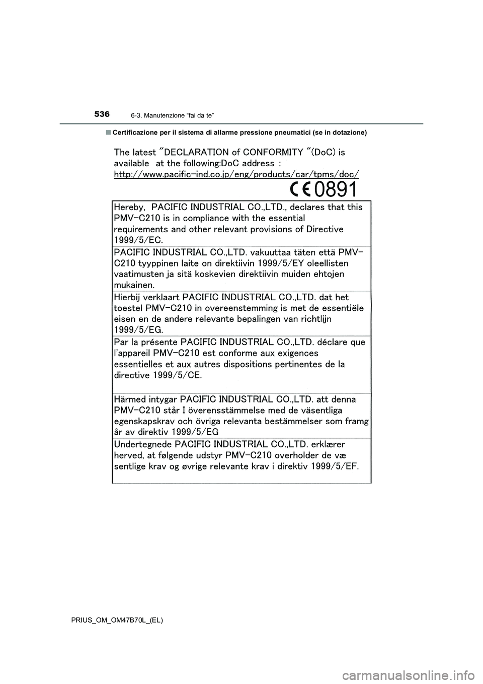 TOYOTA PRIUS 2017 Manuale duso (in Italian) 5366-3. Manutenzione “fai da te”
PRIUS_OM_OM47B70L_(EL)■
Certificazione per il sistema di allarme pressione pneumatici (se in dotazione) TOYOTA PRIUS 2017 Manuale duso (in Italian) 5366-3. Manutenzione “fai da te”
PRIUS_OM_OM47B70L_(EL)■
Certificazione per il sistema di allarme pressione pneumatici (se in dotazione)