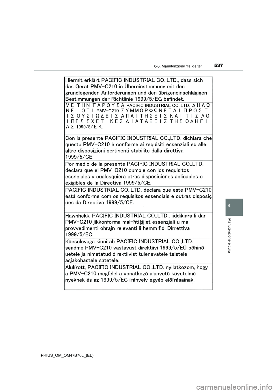 TOYOTA PRIUS 2017 Manuale duso (in Italian) 5376-3. Manutenzione “fai da te”
PRIUS_OM_OM47B70L_(EL)
6
Manutenzione e cura TOYOTA PRIUS 2017 Manuale duso (in Italian) 5376-3. Manutenzione “fai da te”
PRIUS_OM_OM47B70L_(EL)
6
Manutenzione e cura