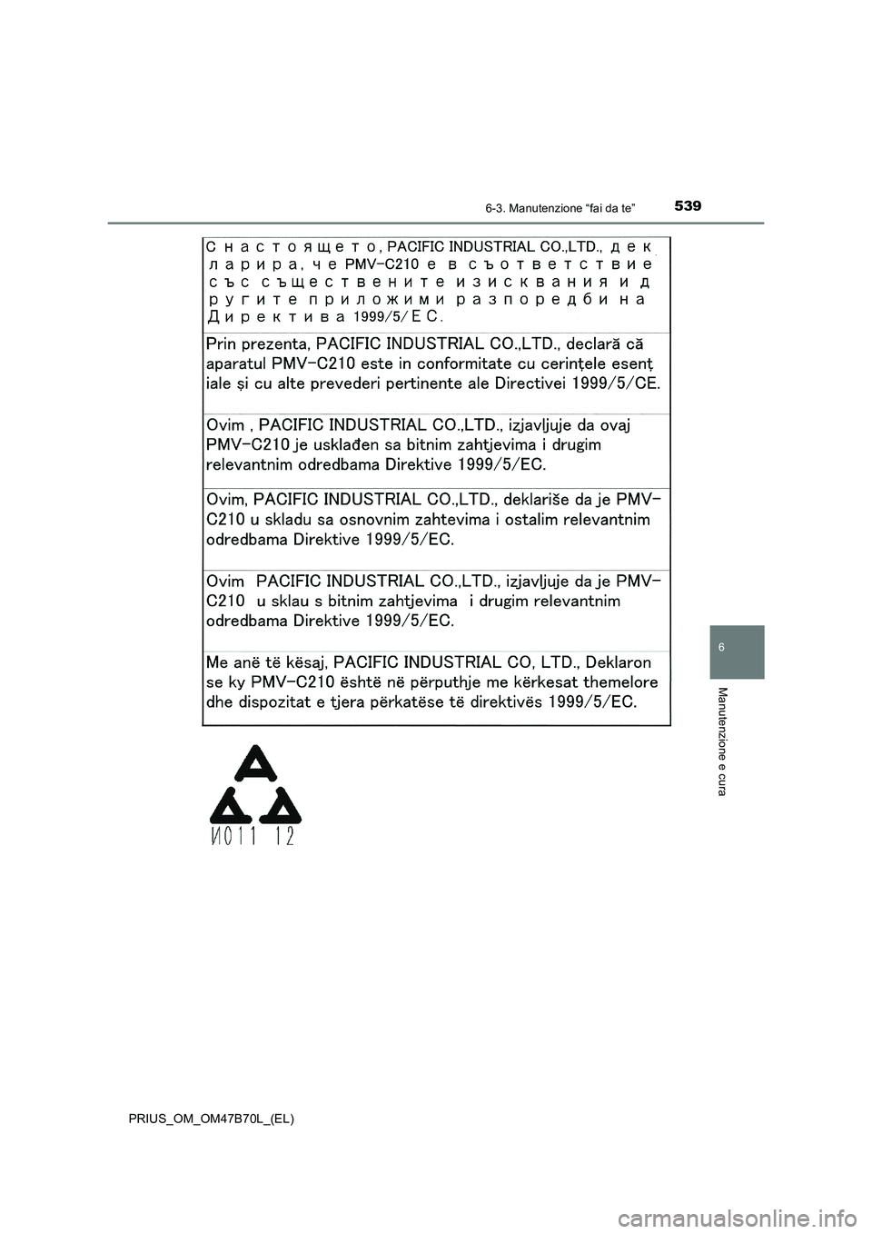 TOYOTA PRIUS 2017 Manuale duso (in Italian) 5396-3. Manutenzione “fai da te”
PRIUS_OM_OM47B70L_(EL)
6
Manutenzione e cura TOYOTA PRIUS 2017 Manuale duso (in Italian) 5396-3. Manutenzione “fai da te”
PRIUS_OM_OM47B70L_(EL)
6
Manutenzione e cura