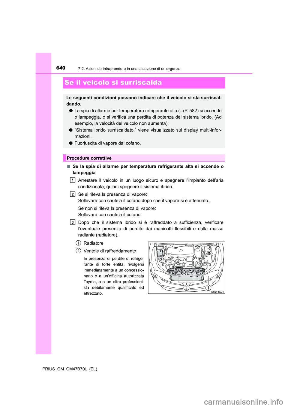 TOYOTA PRIUS 2017 Manuale duso (in Italian) 6407-2. Azioni da intraprendere in una situazione di emergenza
PRIUS_OM_OM47B70L_(EL)
Se il veicolo si surriscalda
■Se la spia di allarme per temperatura refrigerante alta si accende o
lampeggia
Arr TOYOTA PRIUS 2017 Manuale duso (in Italian) 6407-2. Azioni da intraprendere in una situazione di emergenza
PRIUS_OM_OM47B70L_(EL)
Se il veicolo si surriscalda
■Se la spia di allarme per temperatura refrigerante alta si accende o
lampeggia
Arr