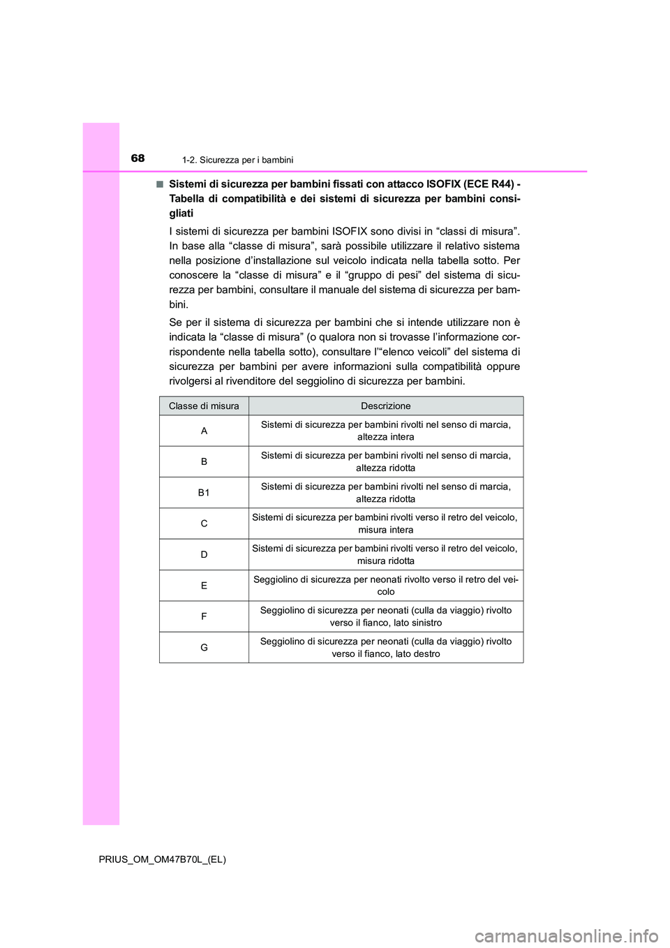 TOYOTA PRIUS 2017  Manuale duso (in Italian) 681-2. Sicurezza per i bambini
PRIUS_OM_OM47B70L_(EL)■
Sistemi di sicurezza per bambini fissati con attacco ISOFIX (ECE R44) -
Tabella di compatibilità e dei sistemi di sicurezza per bambini consi-