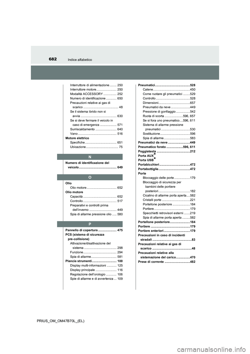 TOYOTA PRIUS 2017  Manuale duso (in Italian) 682Indice alfabetico
PRIUS_OM_OM47B70L_(EL)
Interruttore di alimentazione ........ 250
Interruttore motore....................... 250
Modalità ACCESSORY ............... 252
Numero di identificazione 