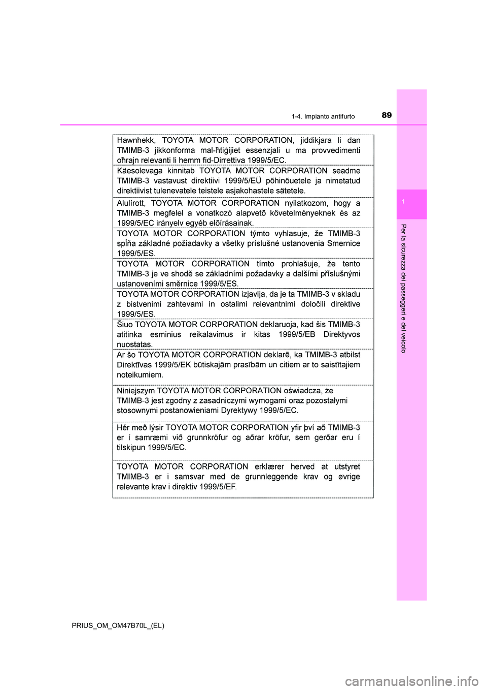 TOYOTA PRIUS 2017 Manuale duso (in Italian) 891-4. Impianto antifurto
1
PRIUS_OM_OM47B70L_(EL)
Per la sicurezza dei passeggeri e del veicolo TOYOTA PRIUS 2017 Manuale duso (in Italian) 891-4. Impianto antifurto
1
PRIUS_OM_OM47B70L_(EL)
Per la sicurezza dei passeggeri e del veicolo