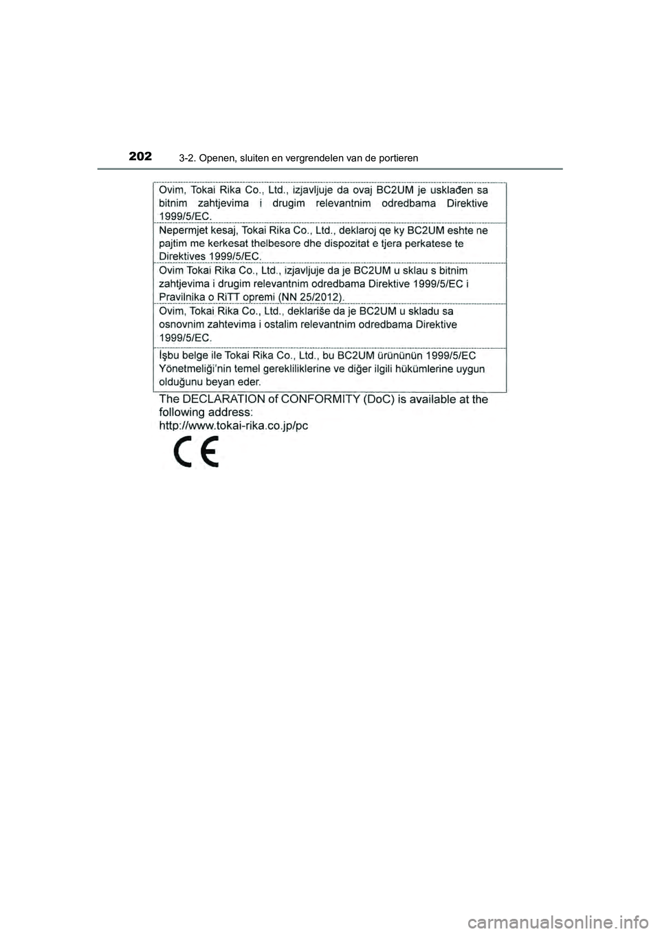 TOYOTA PRIUS 2017  Instruksjoner for bruk (in Norwegian) 2023-2. Openen, sluiten en vergrendelen van de portieren
PRIUS_OM_OM47B56E_(EE)
PRIUS_OM_OM47B56E_(EE).book  Page 202  Friday, July 29, 2016  11:35 AM 