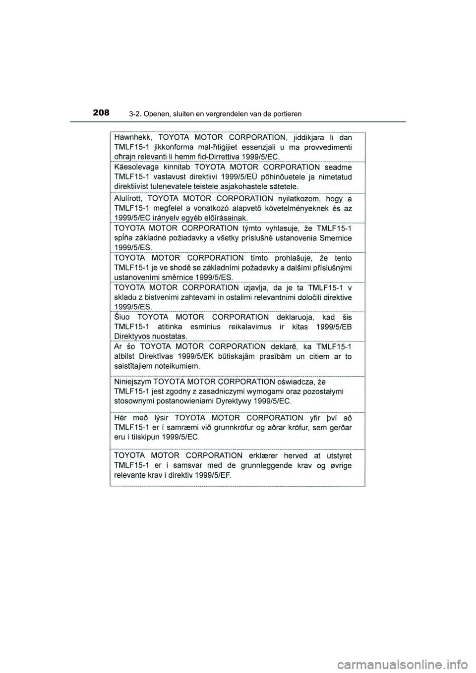 TOYOTA PRIUS 2017  Instruksjoner for bruk (in Norwegian) 2083-2. Openen, sluiten en vergrendelen van de portieren
PRIUS_OM_OM47B56E_(EE)
PRIUS_OM_OM47B56E_(EE).book  Page 208  Friday, July 29, 2016  11:35 AM 