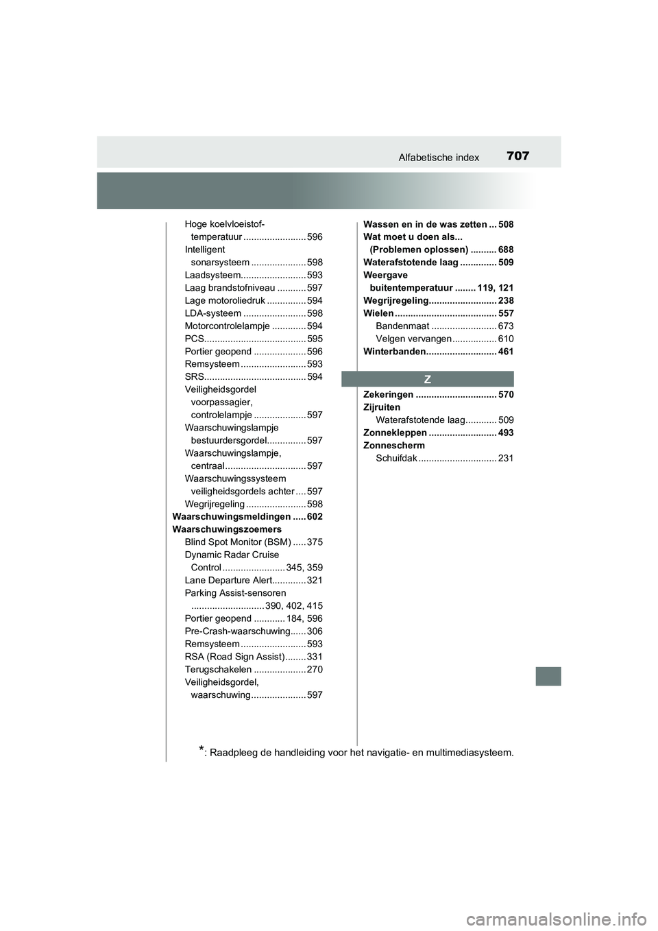 TOYOTA PRIUS 2017 Instruksjoner for bruk (in Norwegian) 707Alfabetische index
PRIUS_OM_OM47B56E_(EE)
Hoge koelvloeistof-temperatuur ........................ 596
Intelligent sonarsysteem ...... ............... 598
Laadsysteem......................... 593
L TOYOTA PRIUS 2017 Instruksjoner for bruk (in Norwegian) 707Alfabetische index
PRIUS_OM_OM47B56E_(EE)
Hoge koelvloeistof-temperatuur ........................ 596
Intelligent sonarsysteem ...... ............... 598
Laadsysteem......................... 593
L