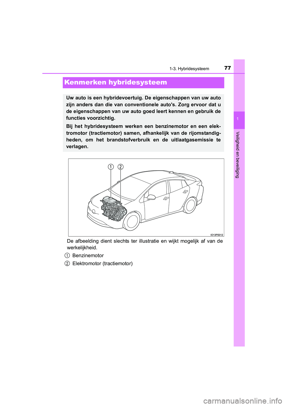 TOYOTA PRIUS 2017  Instructieboekje (in Dutch) 77
1
1-3. Hybridesysteem
PRIUS_OM_OM47B56E_(EE)
Veiligheid en beveiliging
Kenmerken hybridesysteem
De  afbeelding  dient  slechts  ter   illustratie  en  wijkt  mogelijk  af  van  de
werkelijkheid.
Be