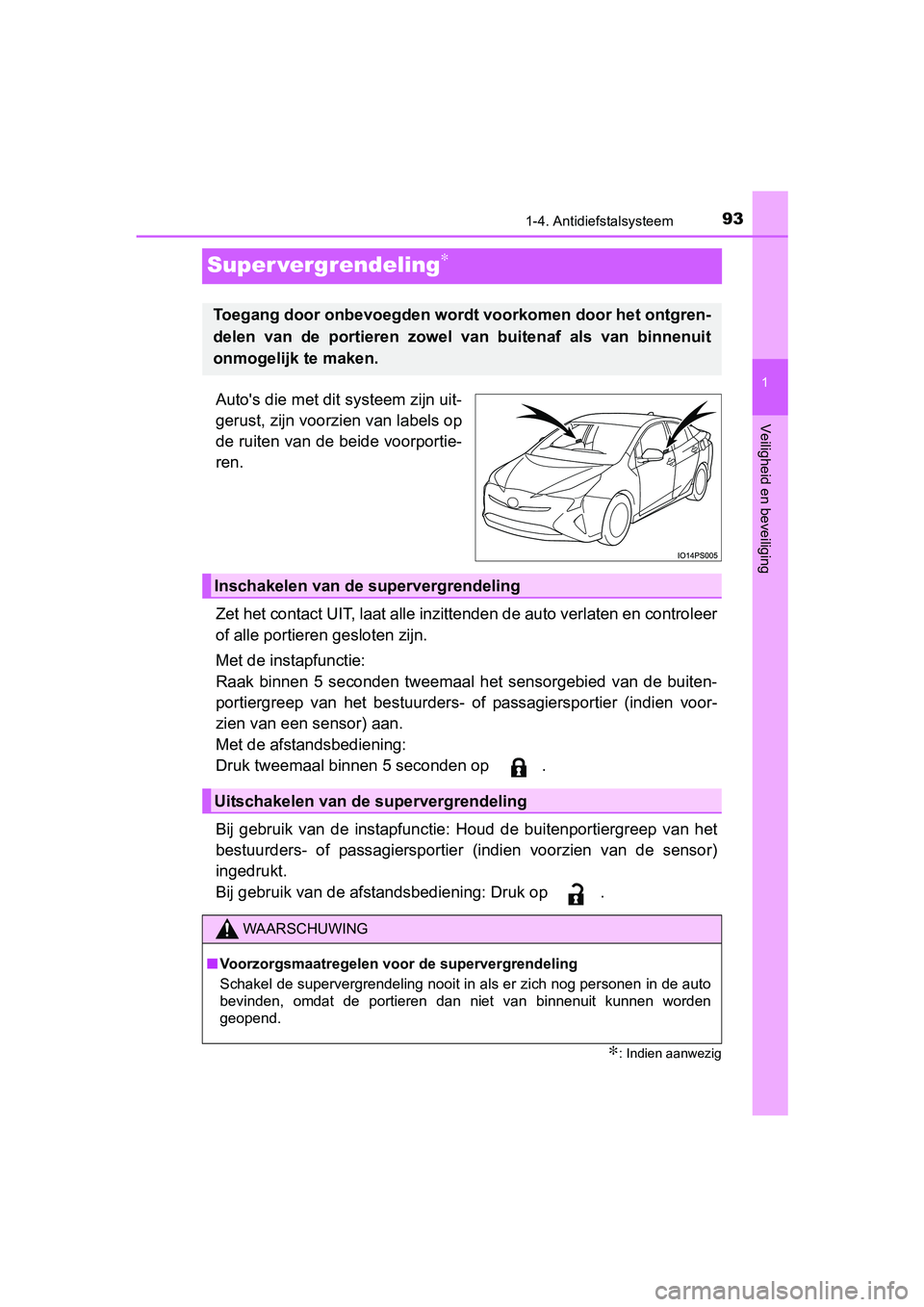TOYOTA PRIUS 2017  Instruksjoner for bruk (in Norwegian) 93
1
1-4. Antidiefstalsysteem
PRIUS_OM_OM47B56E_(EE)
Veiligheid en beveiliging
Super vergrendeling∗
Auto's die met dit systeem zijn uit-
gerust, zijn voorzien van labels op
de ruiten van de beid