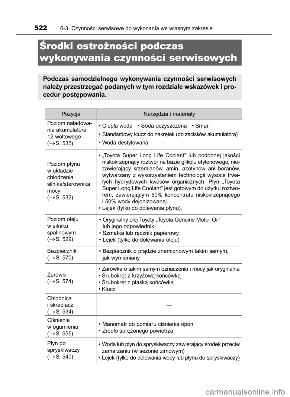 TOYOTA PRIUS 2017  Instrukcja obsługi (in Polish) 5226-3. CzynnoÊci serwisowe do wykonania we w∏asnym zakresie
Ârodki ostro˝noÊci podczas
wykonywania czynnoÊci serwisowych
Podczas  samodzielnego  wykonywania  czynnoÊci  serwisowych
nale˝y pr