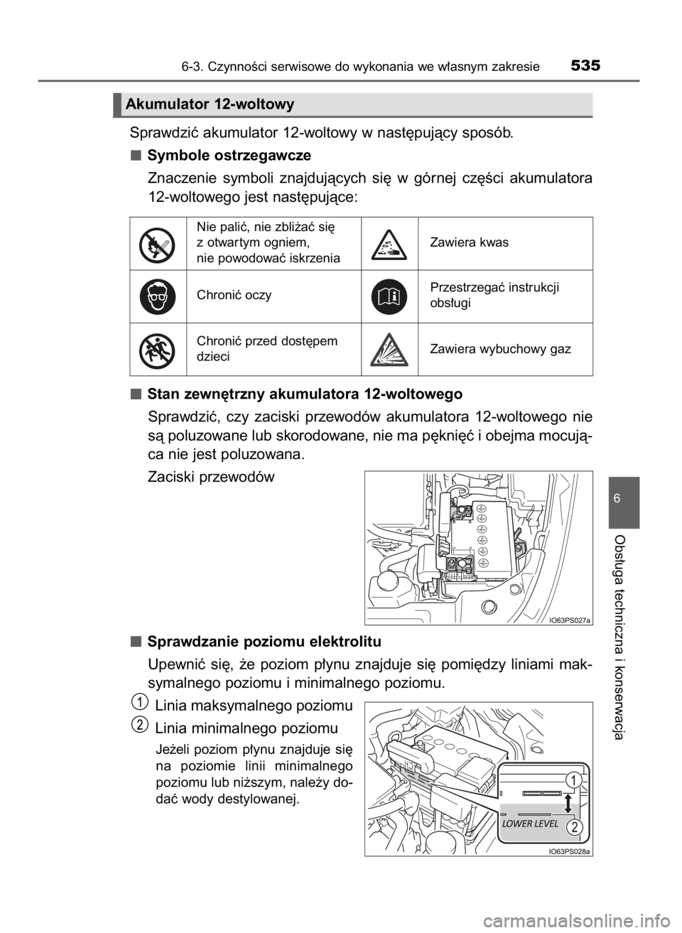 TOYOTA PRIUS 2017  Instrukcja obsługi (in Polish) Sprawdziç akumulator 12-woltowy w nast´pujàcy sposób.
Symbole ostrzegawcze
Znaczenie  symboli  znajdujàcych  si´  w górnej  cz´Êci  akumulatora
12-woltowego jest nast´pujàce:
Stan zewn´trz