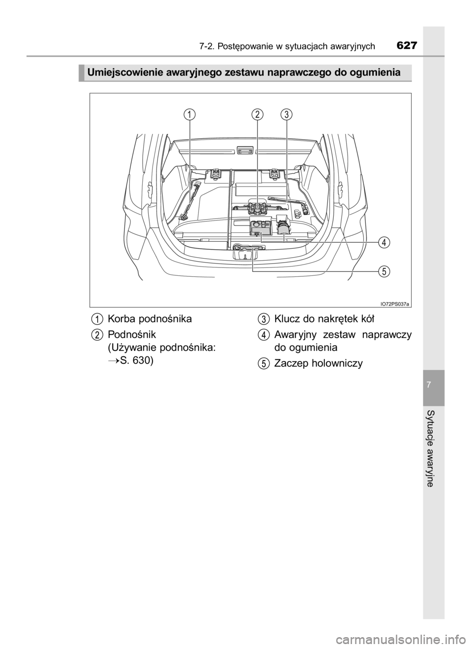 TOYOTA PRIUS 2017  Instrukcja obsługi (in Polish) Korba podnoÊnika
PodnoÊnik
(U˝ywanie podnoÊnika:
S. 630)Klucz do nakr´tek kó∏
Awaryjny  zestaw  naprawczy
do ogumienia
Zaczep holowniczy
7-2. Post´powanie w sytuacjach awaryjnych627
7
Sytuac