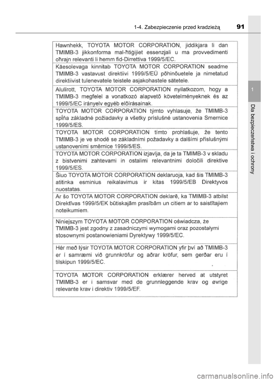 TOYOTA PRIUS 2017  Instrukcja obsługi (in Polish) 1-4. Zabezpieczenie przed kradzie˝à91
1
Dla bezpieczeƒstwa i ochrony
37 PRIUS OM47B56E  3/8/16  11:31  Page 91    (Black plate) 