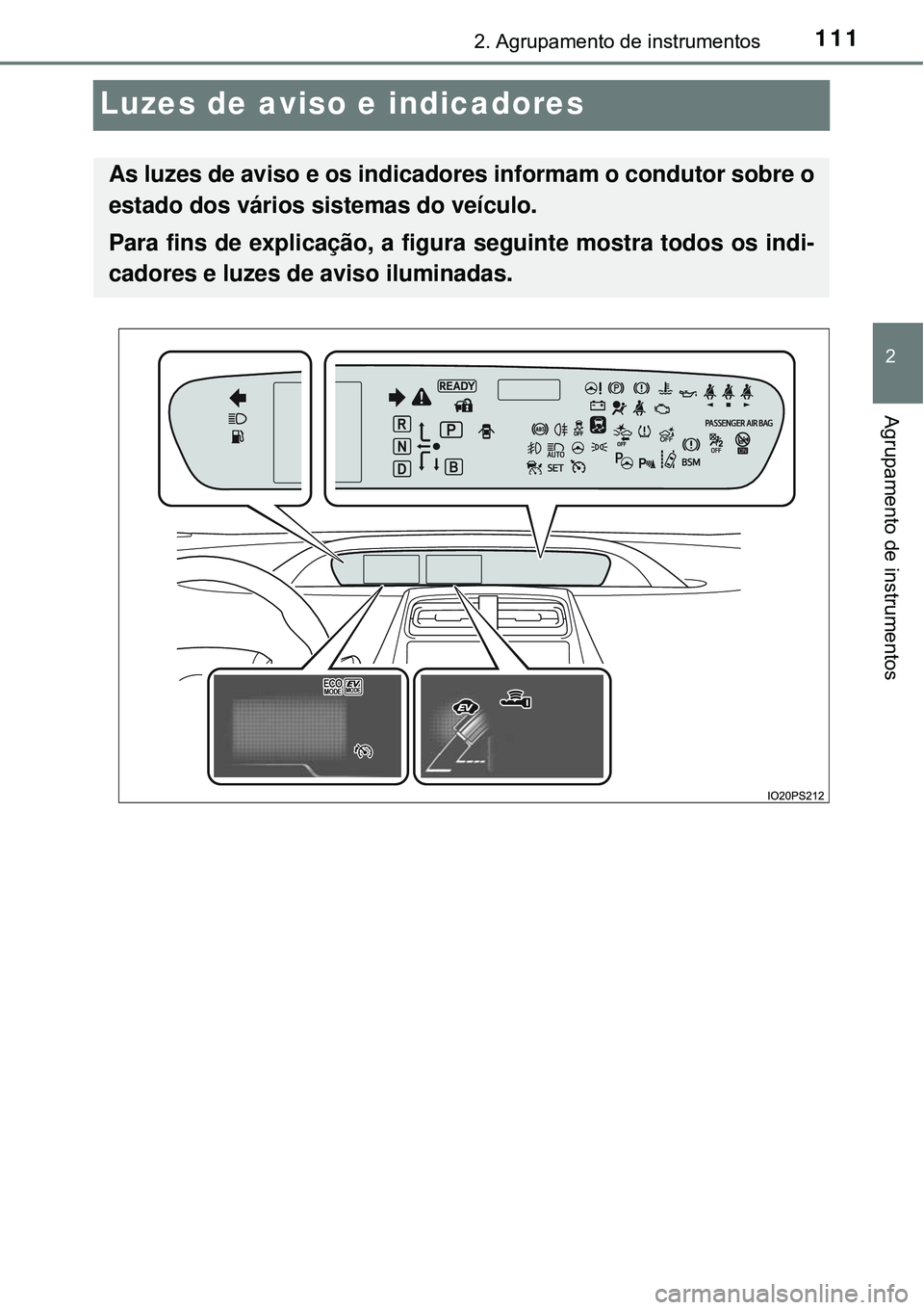 TOYOTA PRIUS 2016 Manual de utilização (in Portuguese) 111
2
2. Agrupamento de instrumentos
Agrupamento de instrumentos
Luzes de aviso e indicadores
As luzes de aviso e os indicadores informam o condutor sobre o
estado dos vários sistemas do veículo.
Pa TOYOTA PRIUS 2016 Manual de utilização (in Portuguese) 111
2
2. Agrupamento de instrumentos
Agrupamento de instrumentos
Luzes de aviso e indicadores
As luzes de aviso e os indicadores informam o condutor sobre o
estado dos vários sistemas do veículo.
Pa