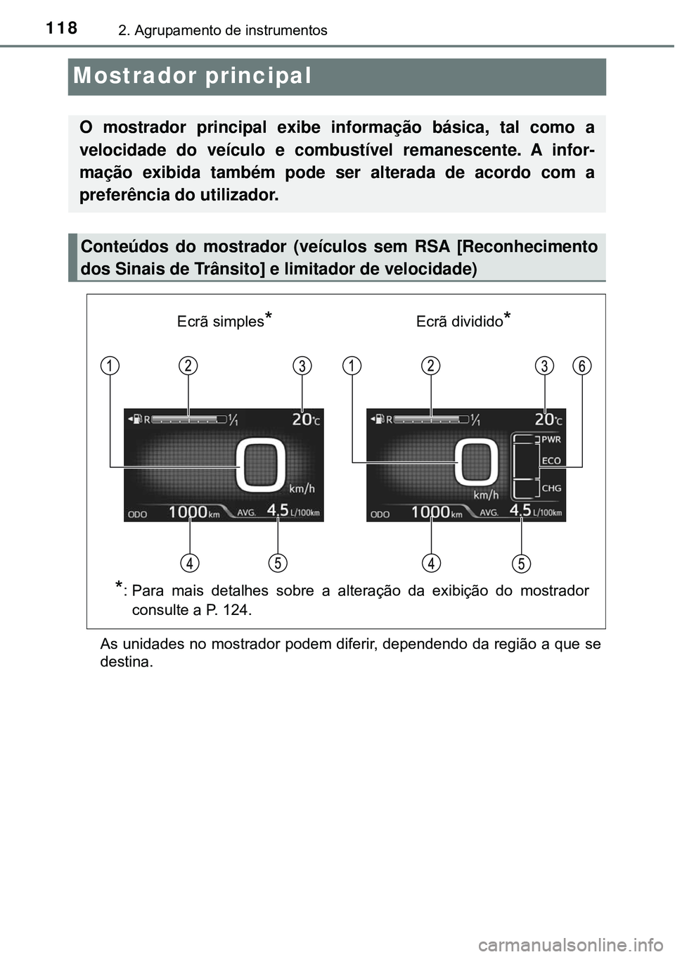 TOYOTA PRIUS 2016 Manual de utilização (in Portuguese) 1182. Agrupamento de instrumentos
Mostrador principal
As unidades no mostrador podem diferir, dependendo da região a que se
destina.
O mostrador principal exibe informação básica, tal como a
veloc TOYOTA PRIUS 2016 Manual de utilização (in Portuguese) 1182. Agrupamento de instrumentos
Mostrador principal
As unidades no mostrador podem diferir, dependendo da região a que se
destina.
O mostrador principal exibe informação básica, tal como a
veloc
