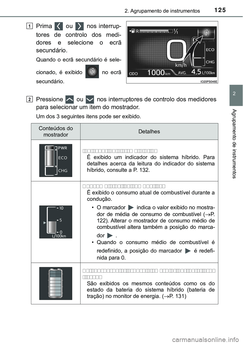 TOYOTA PRIUS 2016 Manual de utilização (in Portuguese) 1252. Agrupamento de instrumentos
2
Agrupamento de instrumentos
Prima ou nos interrup-
tores de controlo dos medi-
dores e selecione o ecrã
secundário.
Quando o ecrã secundário é sele-
cionado, TOYOTA PRIUS 2016 Manual de utilização (in Portuguese) 1252. Agrupamento de instrumentos
2
Agrupamento de instrumentos
Prima ou nos interrup-
tores de controlo dos medi-
dores e selecione o ecrã
secundário.
Quando o ecrã secundário é sele-
cionado,