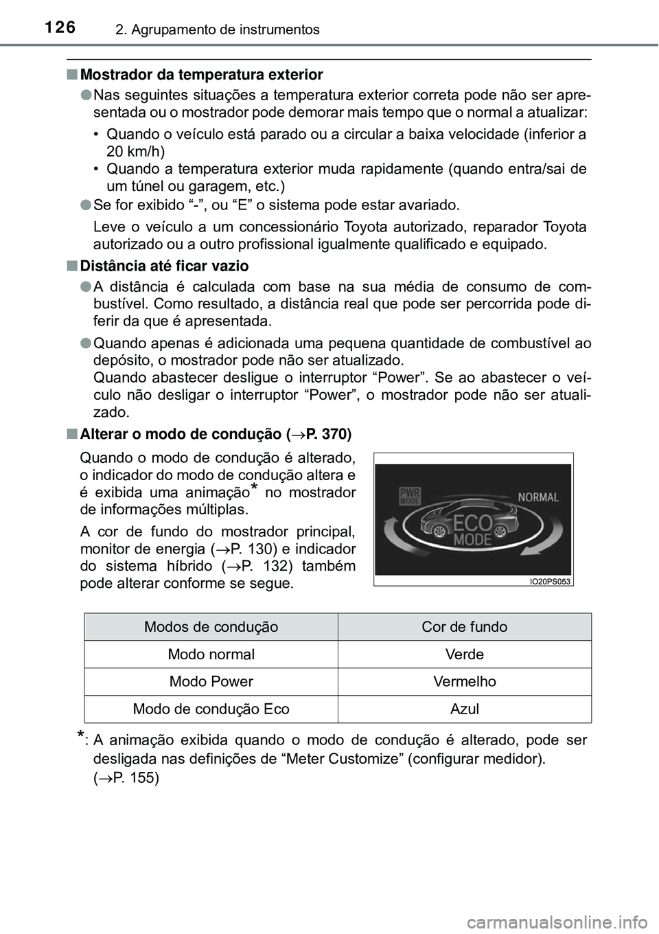 TOYOTA PRIUS 2016 Manual de utilização (in Portuguese) 1262. Agrupamento de instrumentos
nMostrador da temperatura exterior
lNas seguintes situações a temperatura exterior correta pode não ser apre-
sentada ou o mostrador pode demorar mais tempo que o TOYOTA PRIUS 2016 Manual de utilização (in Portuguese) 1262. Agrupamento de instrumentos
nMostrador da temperatura exterior
lNas seguintes situações a temperatura exterior correta pode não ser apre-
sentada ou o mostrador pode demorar mais tempo que o