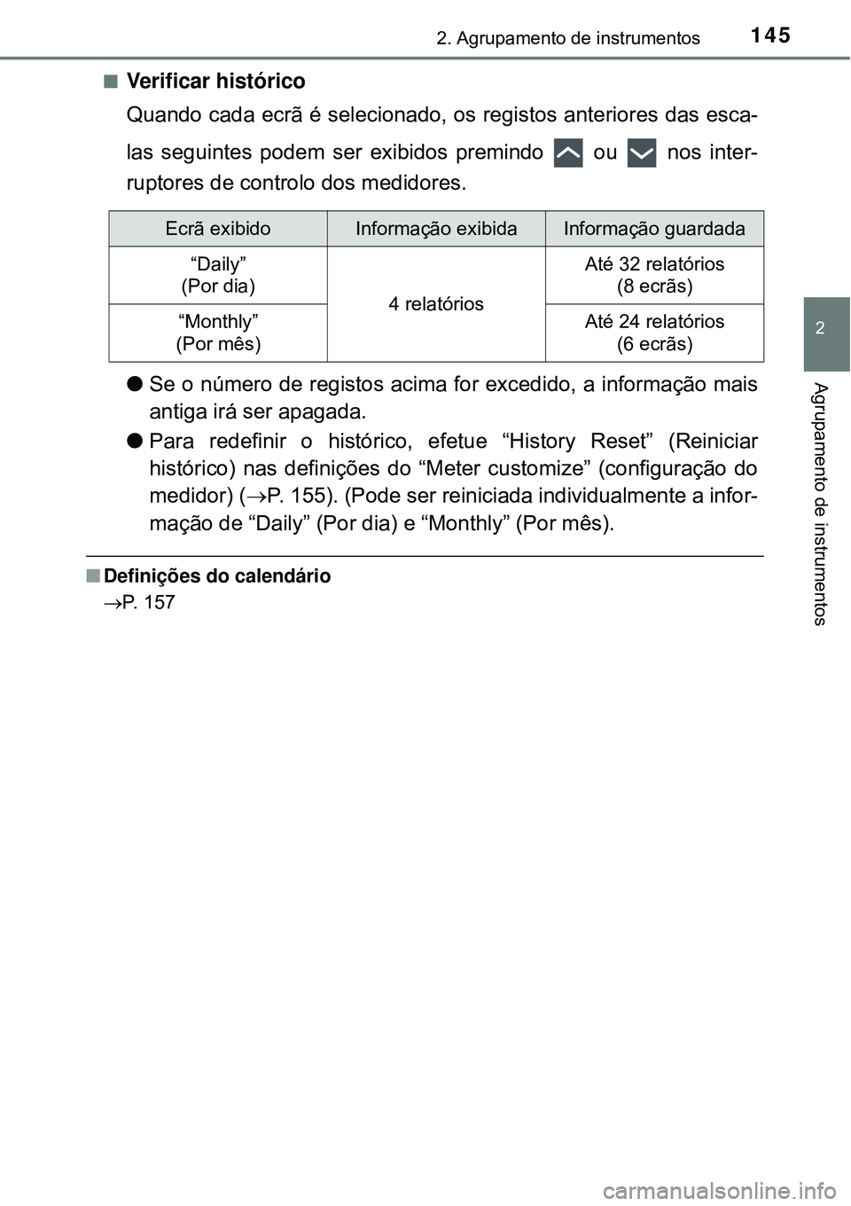 TOYOTA PRIUS 2016 Manual de utilização (in Portuguese) 1452. Agrupamento de instrumentos
2
Agrupamento de instrumentos
nVerificar histórico
Quando cada ecrã é selecionado, os registos anteriores das esca-
las seguintes podem ser exibidos premindo ou TOYOTA PRIUS 2016 Manual de utilização (in Portuguese) 1452. Agrupamento de instrumentos
2
Agrupamento de instrumentos
nVerificar histórico
Quando cada ecrã é selecionado, os registos anteriores das esca-
las seguintes podem ser exibidos premindo ou