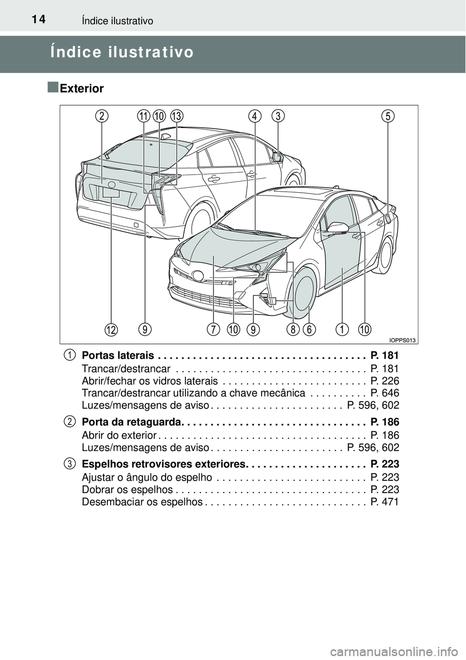 TOYOTA PRIUS 2016 Manual de utilização (in Portuguese) 14Índice ilustrativo
Índice ilustrativo
n
Exterior
Portas laterais . . . . . . . . . . . . . . . . . . . . . . . . . . . . . . . . . . . . P. 181
Trancar/destrancar . . . . . . . . . . . . . . . TOYOTA PRIUS 2016 Manual de utilização (in Portuguese) 14Índice ilustrativo
Índice ilustrativo
n
Exterior
Portas laterais . . . . . . . . . . . . . . . . . . . . . . . . . . . . . . . . . . . . P. 181
Trancar/destrancar . . . . . . . . . . . . . . .