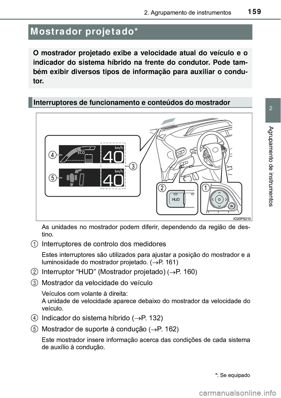 TOYOTA PRIUS 2016 Manual de utilização (in Portuguese) 159
2
2. Agrupamento de instrumentos
Agrupamento de instrumentos
Mostrador projetado*
As unidades no mostrador podem diferir, dependendo da região de des-
tino.
Interruptores de controlo dos medidore TOYOTA PRIUS 2016 Manual de utilização (in Portuguese) 159
2
2. Agrupamento de instrumentos
Agrupamento de instrumentos
Mostrador projetado*
As unidades no mostrador podem diferir, dependendo da região de des-
tino.
Interruptores de controlo dos medidore