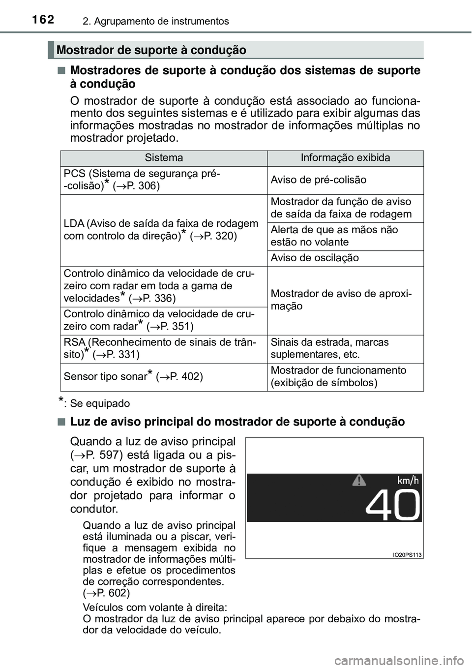 TOYOTA PRIUS 2016 Manual de utilização (in Portuguese) 1622. Agrupamento de instrumentos
nMostradores de suporte à condução dos sistemas de suporte
à condução
O mostrador de suporte à condução está associado ao funciona-
mento dos seguintes sist TOYOTA PRIUS 2016 Manual de utilização (in Portuguese) 1622. Agrupamento de instrumentos
nMostradores de suporte à condução dos sistemas de suporte
à condução
O mostrador de suporte à condução está associado ao funciona-
mento dos seguintes sist