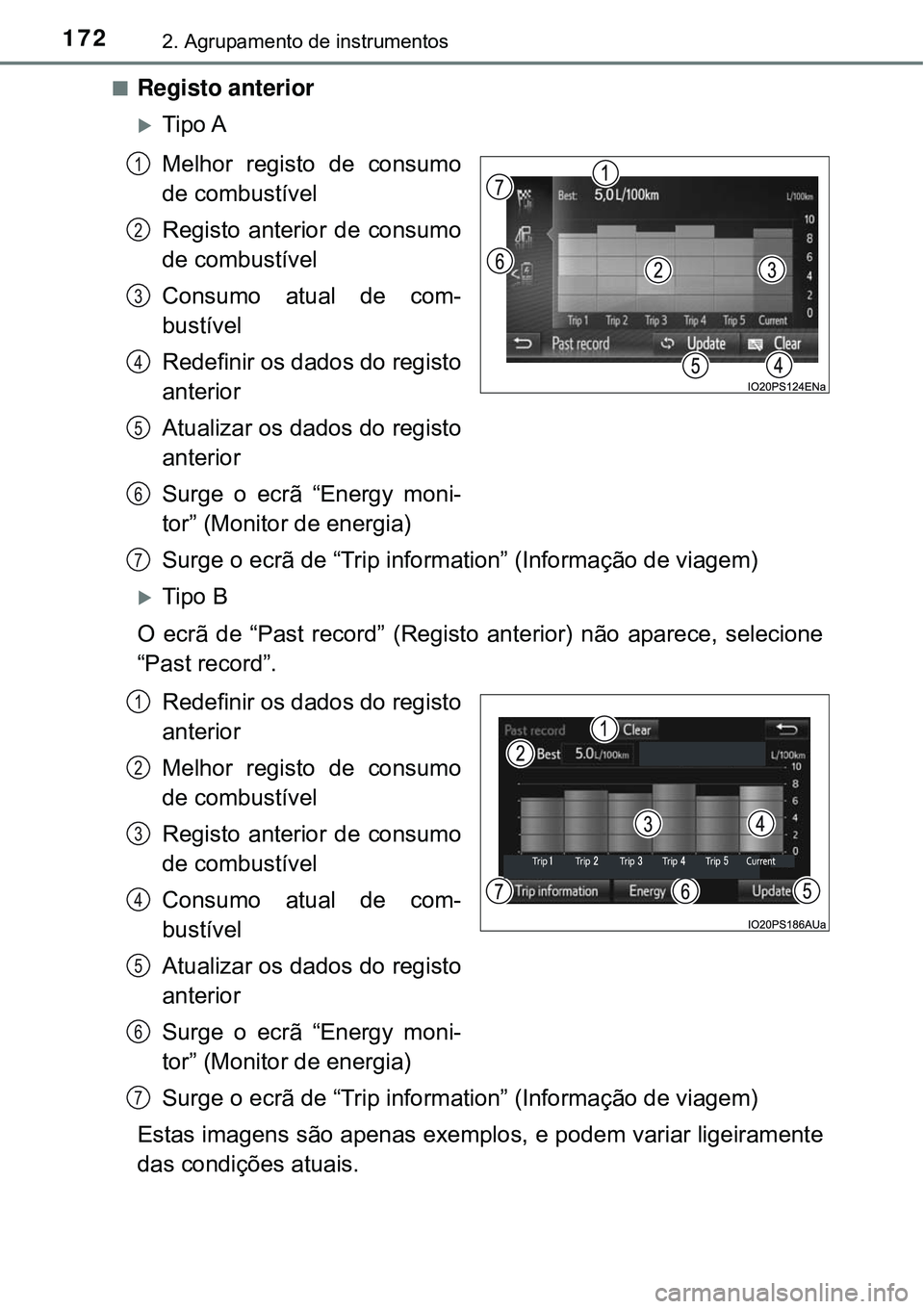 TOYOTA PRIUS 2016 Manual de utilização (in Portuguese) 1722. Agrupamento de instrumentos
nRegisto anterior
Tipo A
Melhor registo de consumo
de combustível
Registo anterior de consumo
de combustível
Consumo atual de com-
bustível
Redefinir os dados TOYOTA PRIUS 2016 Manual de utilização (in Portuguese) 1722. Agrupamento de instrumentos
nRegisto anterior
Tipo A
Melhor registo de consumo
de combustível
Registo anterior de consumo
de combustível
Consumo atual de com-
bustível
Redefinir os dados