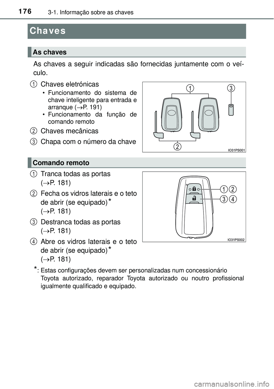 TOYOTA PRIUS 2016 Manual de utilização (in Portuguese) 1763-1. Informação sobre as chaves
Chaves
As chaves a seguir indicadas são fornecidas juntamente com o veí-
culo.
Chaves eletrónicas
• Funcionamento do sistema de
chave inteligente para entrada TOYOTA PRIUS 2016 Manual de utilização (in Portuguese) 1763-1. Informação sobre as chaves
Chaves
As chaves a seguir indicadas são fornecidas juntamente com o veí-
culo.
Chaves eletrónicas
• Funcionamento do sistema de
chave inteligente para entrada