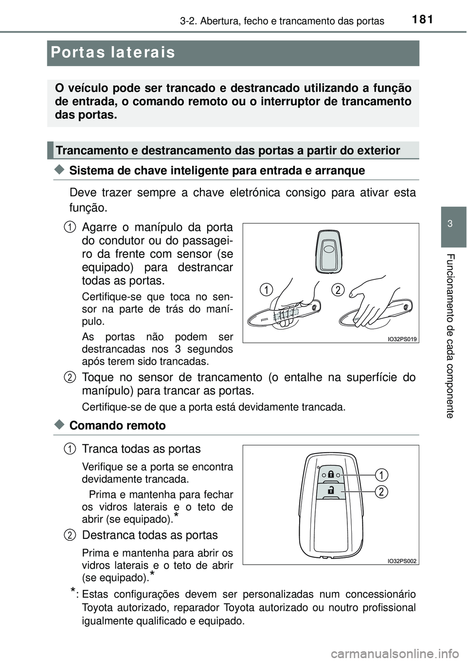 TOYOTA PRIUS 2016 Manual de utilização (in Portuguese) 181
3
3-2. Abertura, fecho e trancamento das portas
Funcionamento de cada componente
Portas laterais
uSistema de chave inteligente para entrada e arranque
Deve trazer sempre a chave eletrónica consig TOYOTA PRIUS 2016 Manual de utilização (in Portuguese) 181
3
3-2. Abertura, fecho e trancamento das portas
Funcionamento de cada componente
Portas laterais
uSistema de chave inteligente para entrada e arranque
Deve trazer sempre a chave eletrónica consig