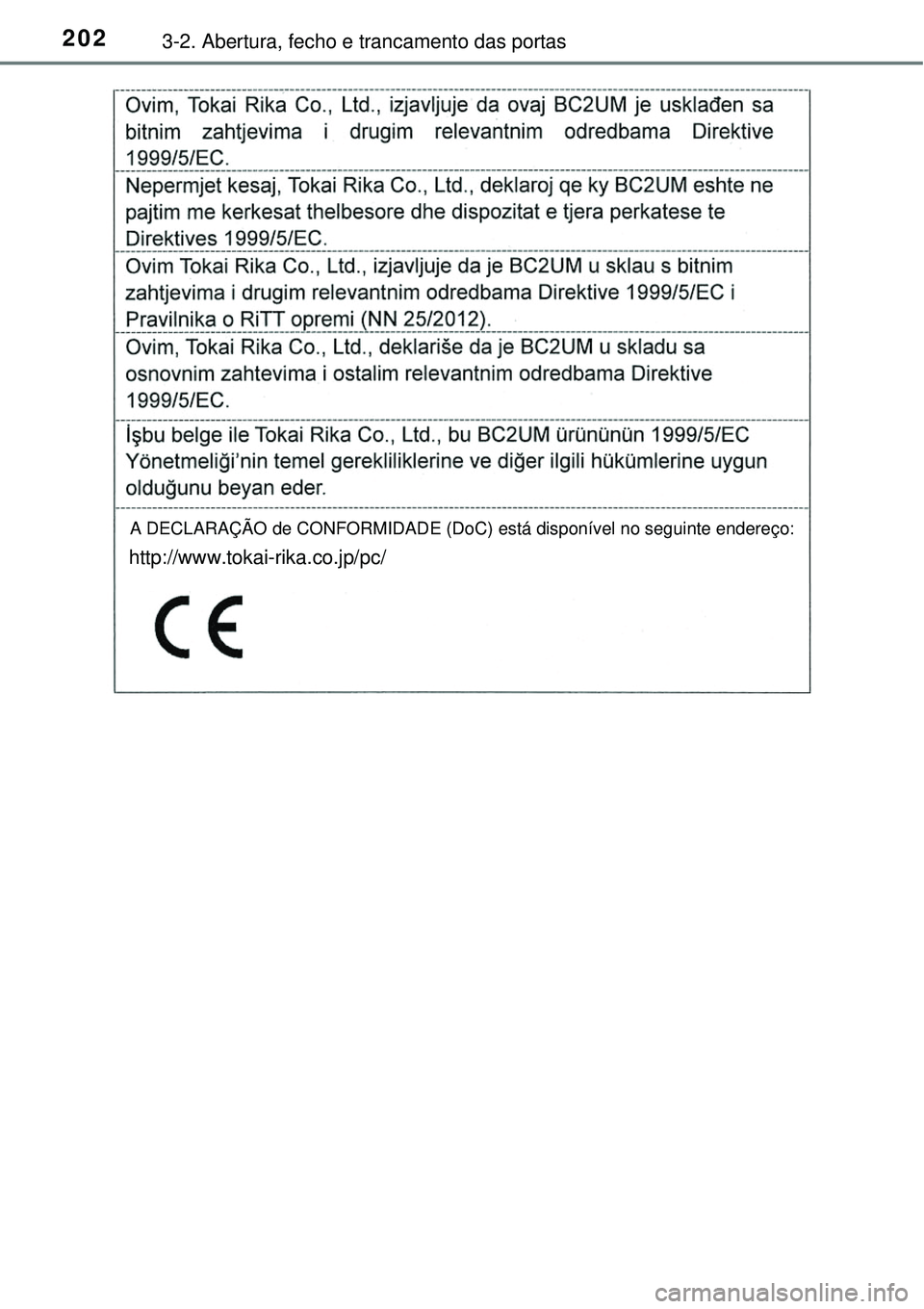 TOYOTA PRIUS 2016  Manual de utilização (in Portuguese) 2023-2. Abertura, fecho e trancamento das portas
A DECLARAÇÃO de CONFORMIDADE (DoC) está disponível no seguinte endereço:
http://www.tokai-rika.co.jp/pc/ 