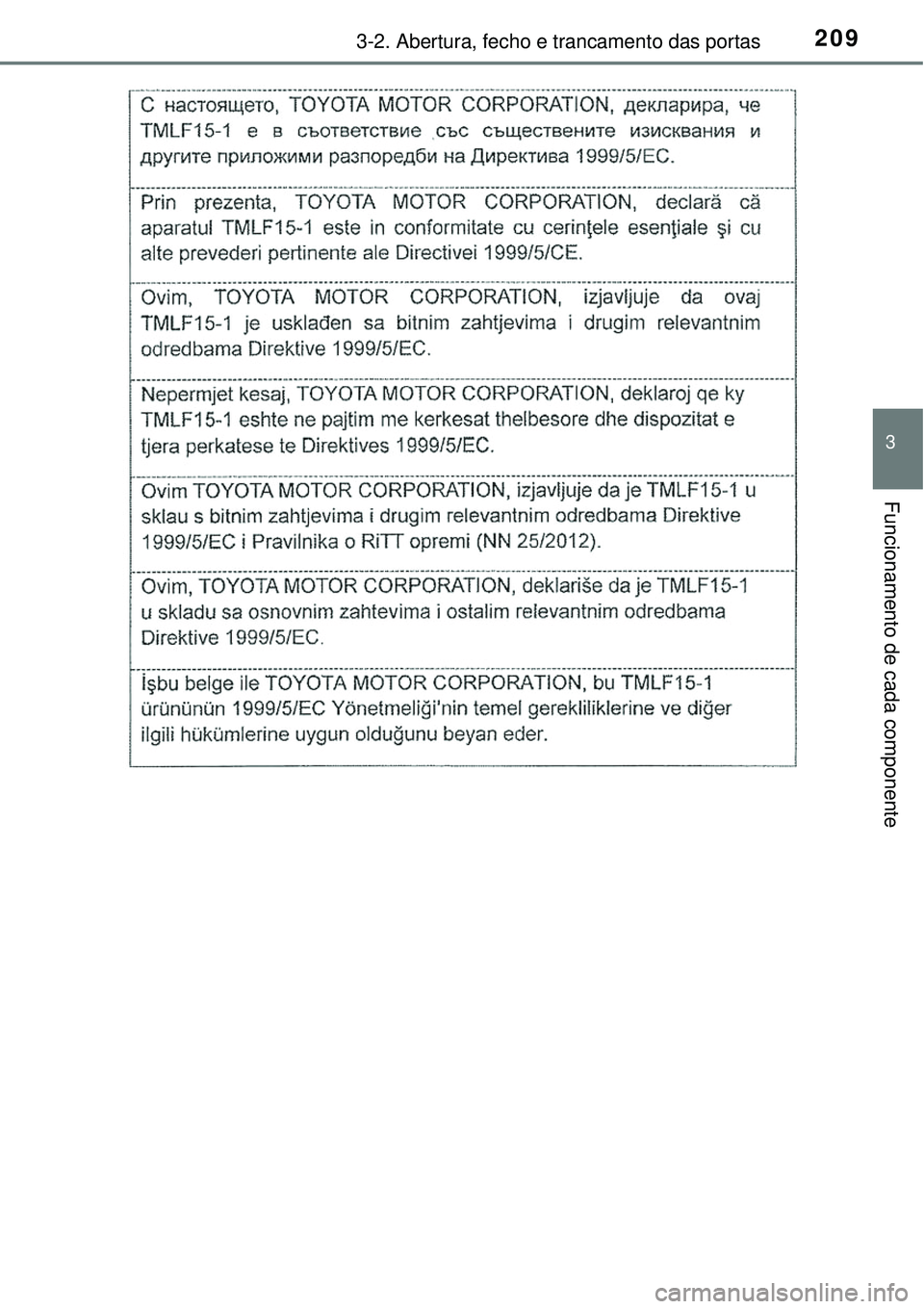 TOYOTA PRIUS 2016 Manual de utilização (in Portuguese) 2093-2. Abertura, fecho e trancamento das portas
3
Funcionamento de cada componente TOYOTA PRIUS 2016 Manual de utilização (in Portuguese) 2093-2. Abertura, fecho e trancamento das portas
3
Funcionamento de cada componente